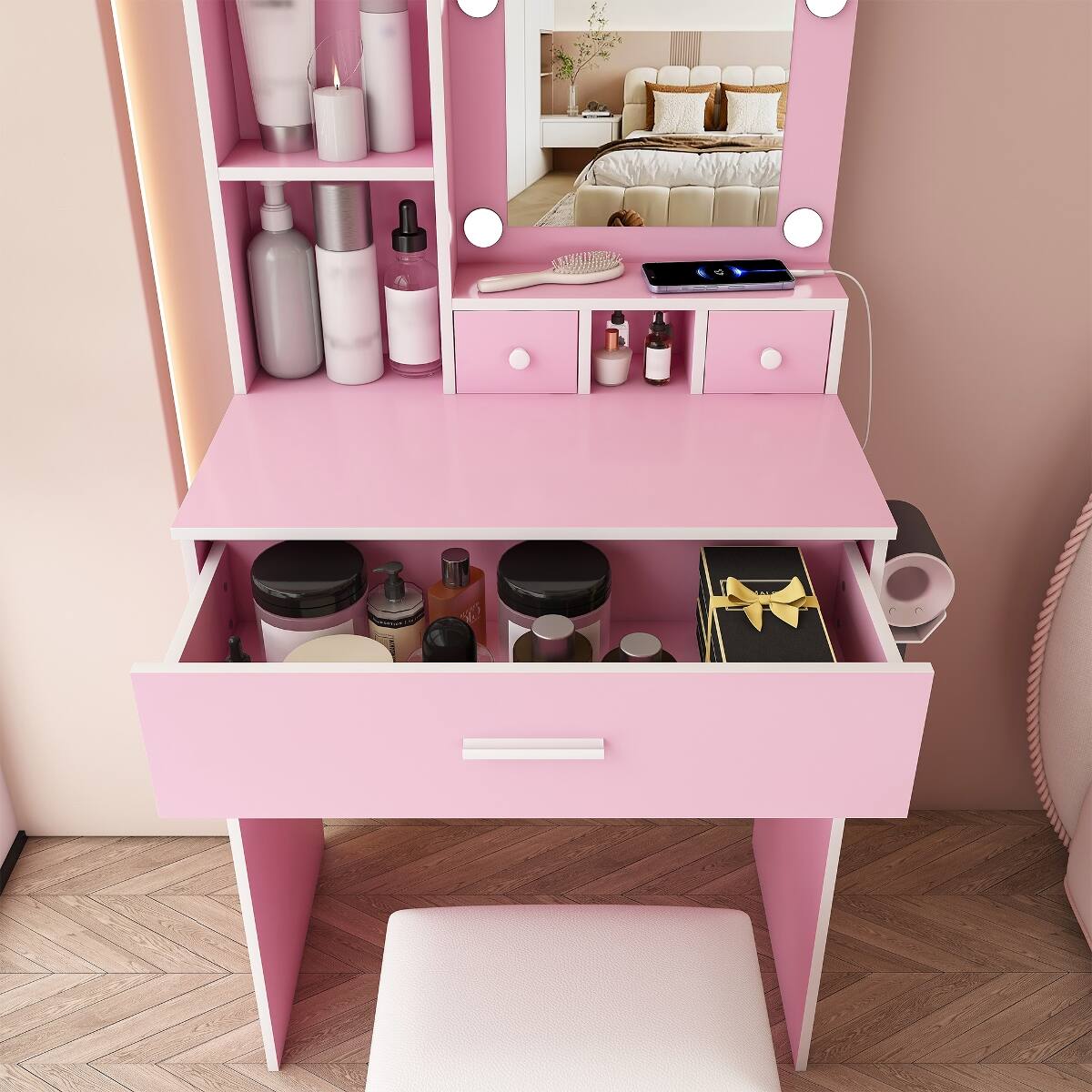 Alt View 9. Loheer - Loheer Makeup Vanity with Adjustable LED Lights, Mirror and Stool for Small Bedrooms, Pink - Pink.