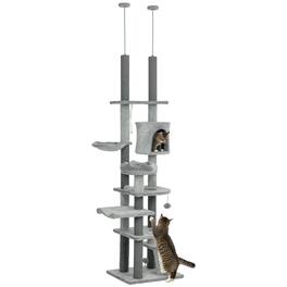Pawhut - 89"-100" Adjustable Floor to Ceiling Cat Tree, Climbing Tower Activity Center with Perch, Condo, Scratching Posts & Ramp - Gray