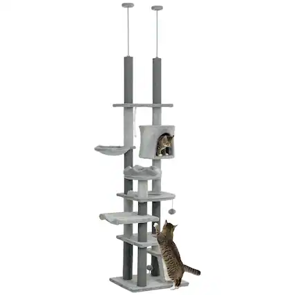 Front. Pawhut - 89"-100" Adjustable Floor to Ceiling Cat Tree, Climbing Tower Activity Center with Perch, Condo, Scratching Posts & Ramp - Gray.