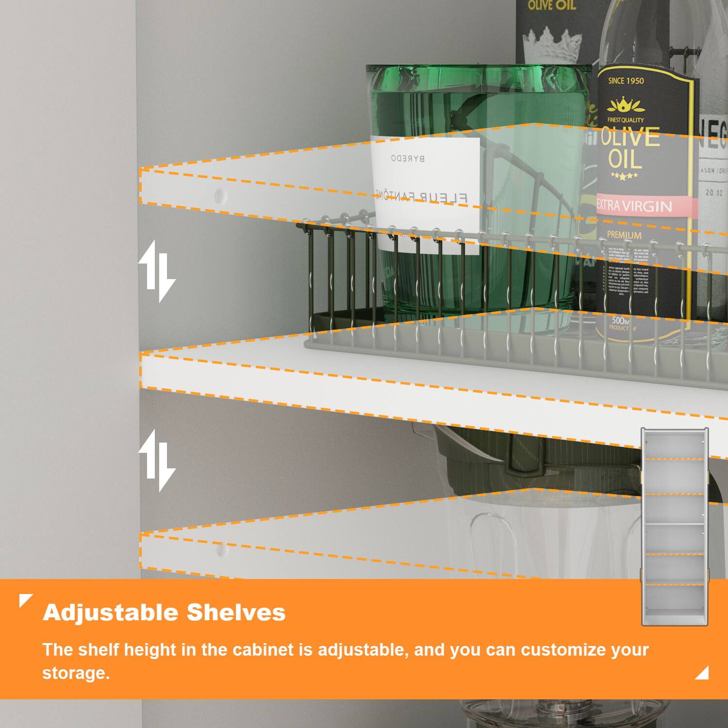 OLIVE OIL SINCE 1950 FINEST QUALITY OLIVE OIL NEC RSON 2 1 FLEU EXTRA VIRGIN PREMIUM I   - | | I :  te - I : ee - ee : ee   : - te  e I e 500M PA 20 11 1 Adjustable Shelves The shelf height in the cabinet is adjustable, and you can customize your storage.