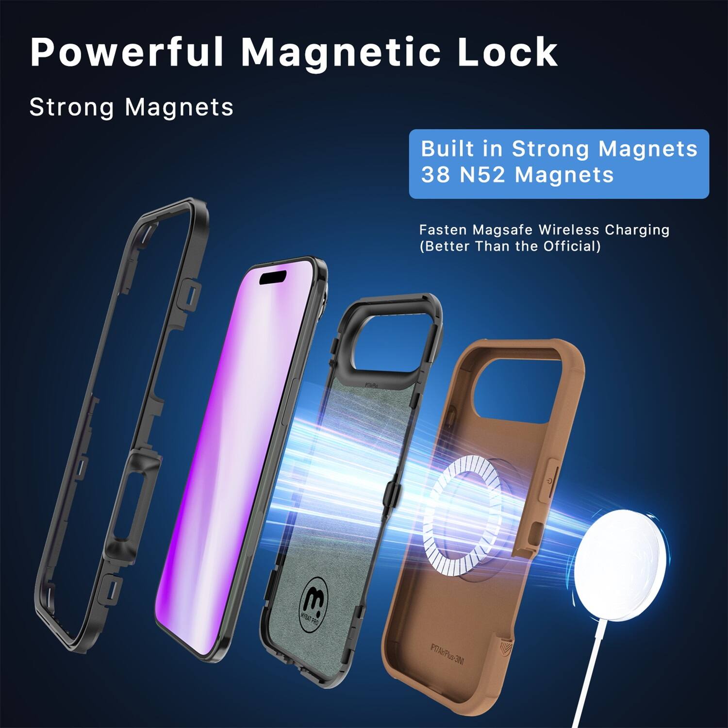 Powerful Magnetic Lock  
Strong Magnets  

Built in Strong Magnets  
38 N52 Magnets  

Fasten Magsafe Wireless Charging  
(Better Than the Official)