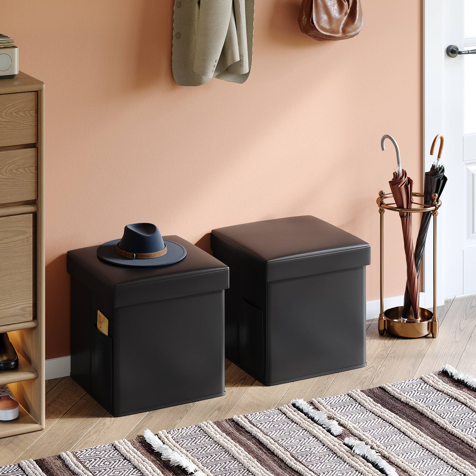 Angle. Pinmoco - Pinmoco - Leather Storage Ottoman Foldable Entryway Bench with Cozy Blanket and Side Pocket - Black.