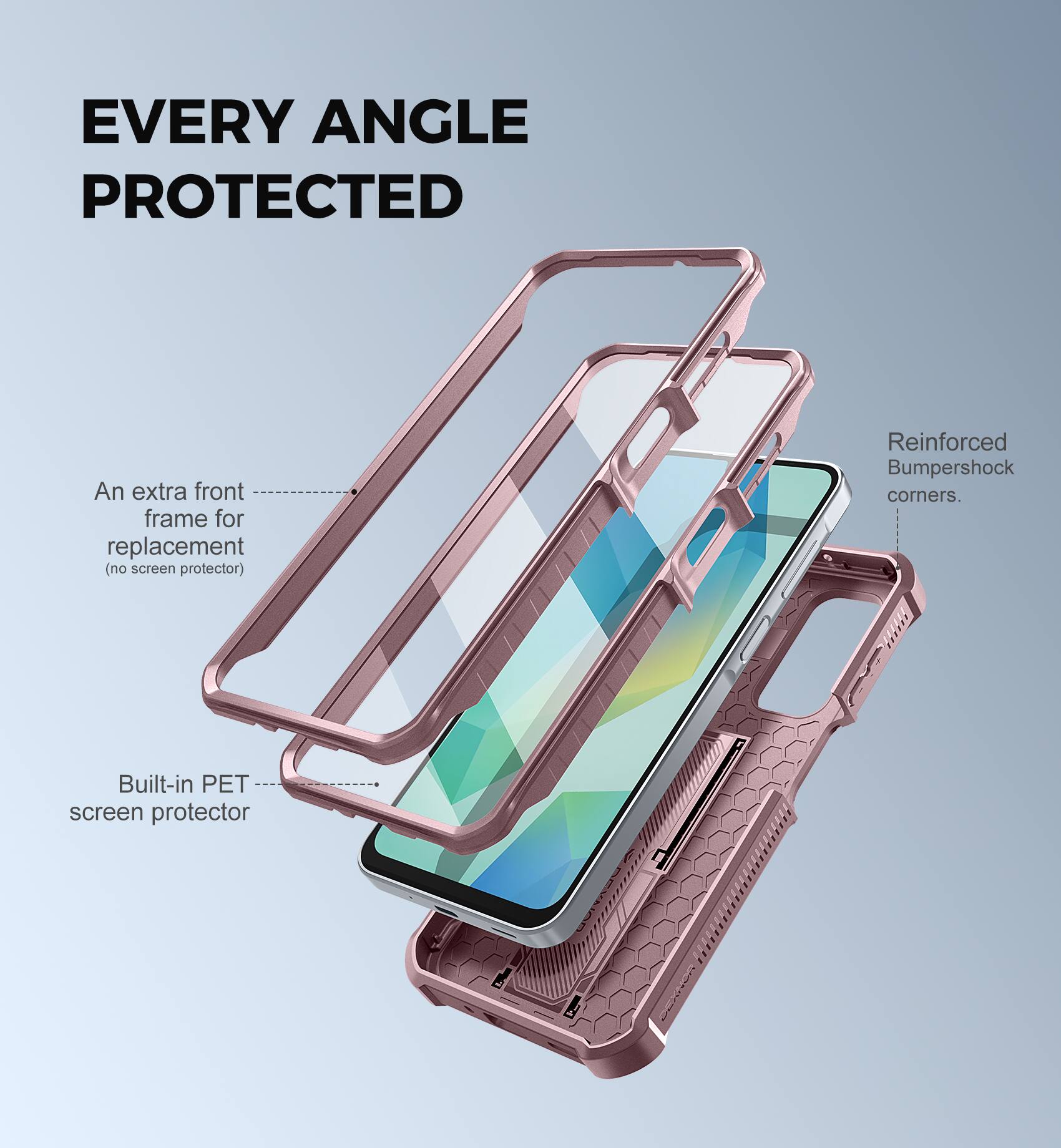 EVERY ANGLE PROTECTED

An extra front frame for replacement (no screen protector)

Built-in PET screen protector

Reinforced Bumpershock corners.