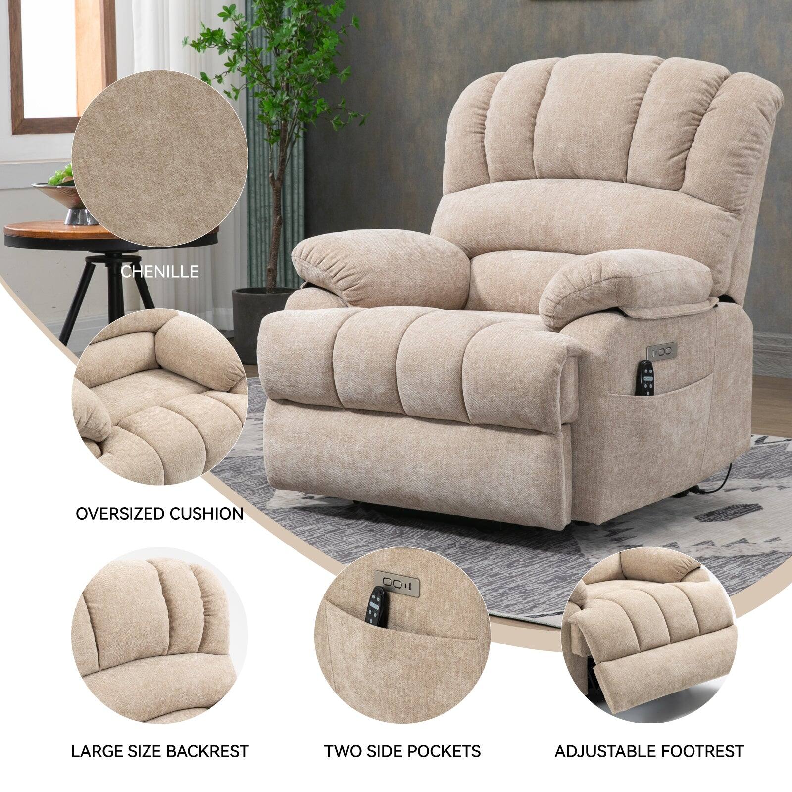 CHENILLE  
OVERSIZED CUSHION  
LARGE SIZE BACKREST  
TWO SIDE POCKETS  
ADJUSTABLE FOOTREST