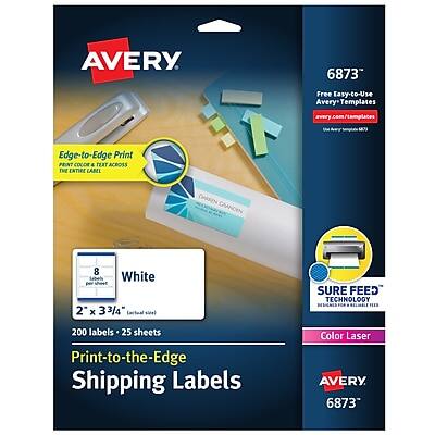 AVERY 6873  
Free Easy-to-Use Avery Templates  
avery.com/templates  
Edge-to-Edge Print  
Print Across the Entire Label  
SURE FEED TECHNOLOGY  
200 labels - 25 sheets  
2" x 3 3/4"  
White  
Color Laser  
Print-to-the-Edge Shipping Labels