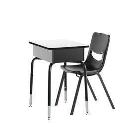 Emma + Oliver - Jacobs Desk/Chair Set with Metal Open Front Storage Box, Desktop, Metal Frame and Stackable Flex Comfort Classroom Chair - Gray Top/Black Chair