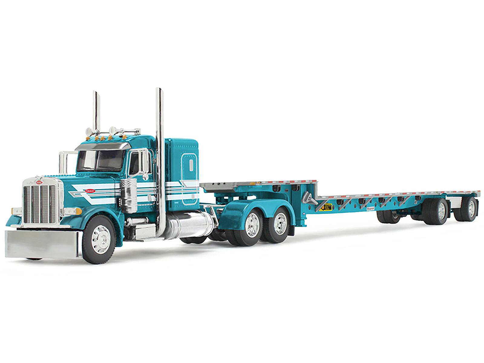 Angle. First Gear - Peterbilt 379 with 48" Flat Top Sleeper and Transcraft Step Deck Trailer Teal with White Stripes 1/64 - Teal.