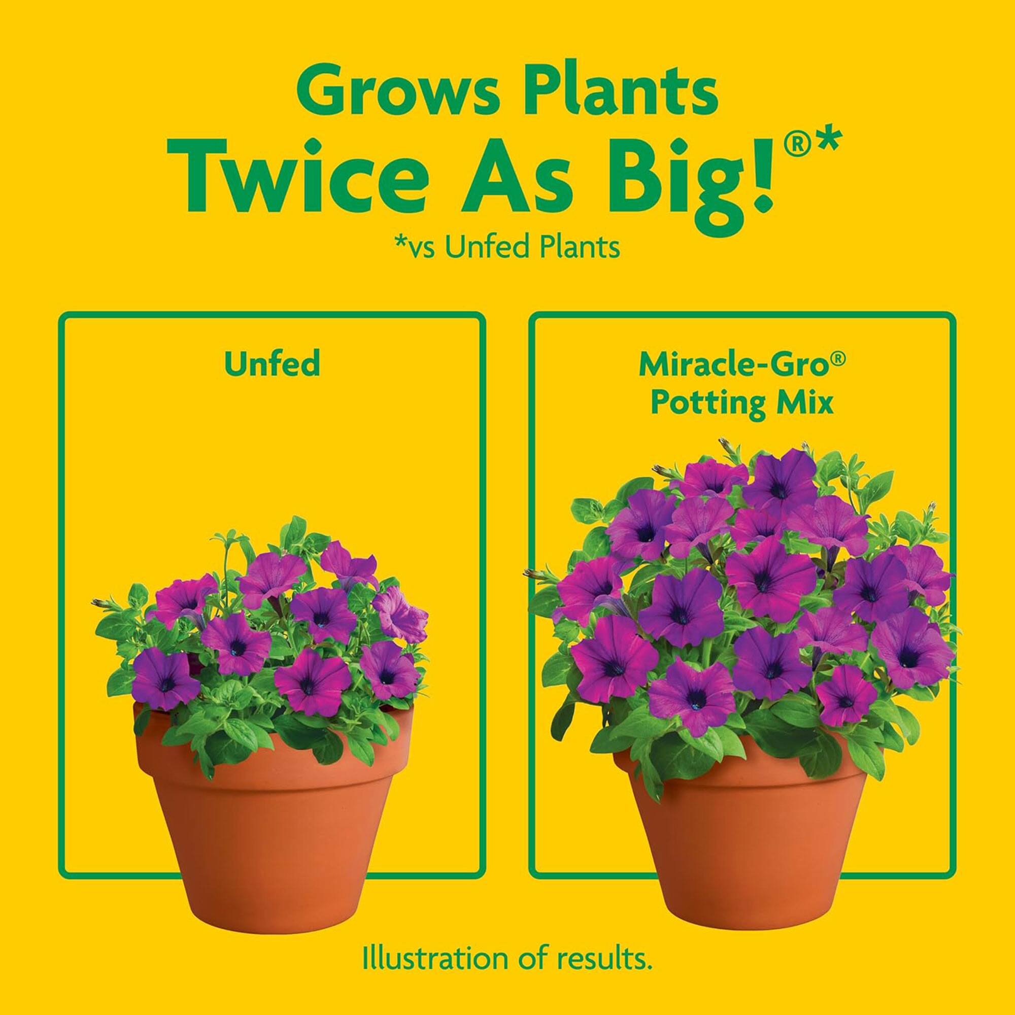 Grows Plants Twice As Big!  
*vs Unfed Plants  

Unfed  

Miracle-Gro® Potting Mix  

Illustration of results.