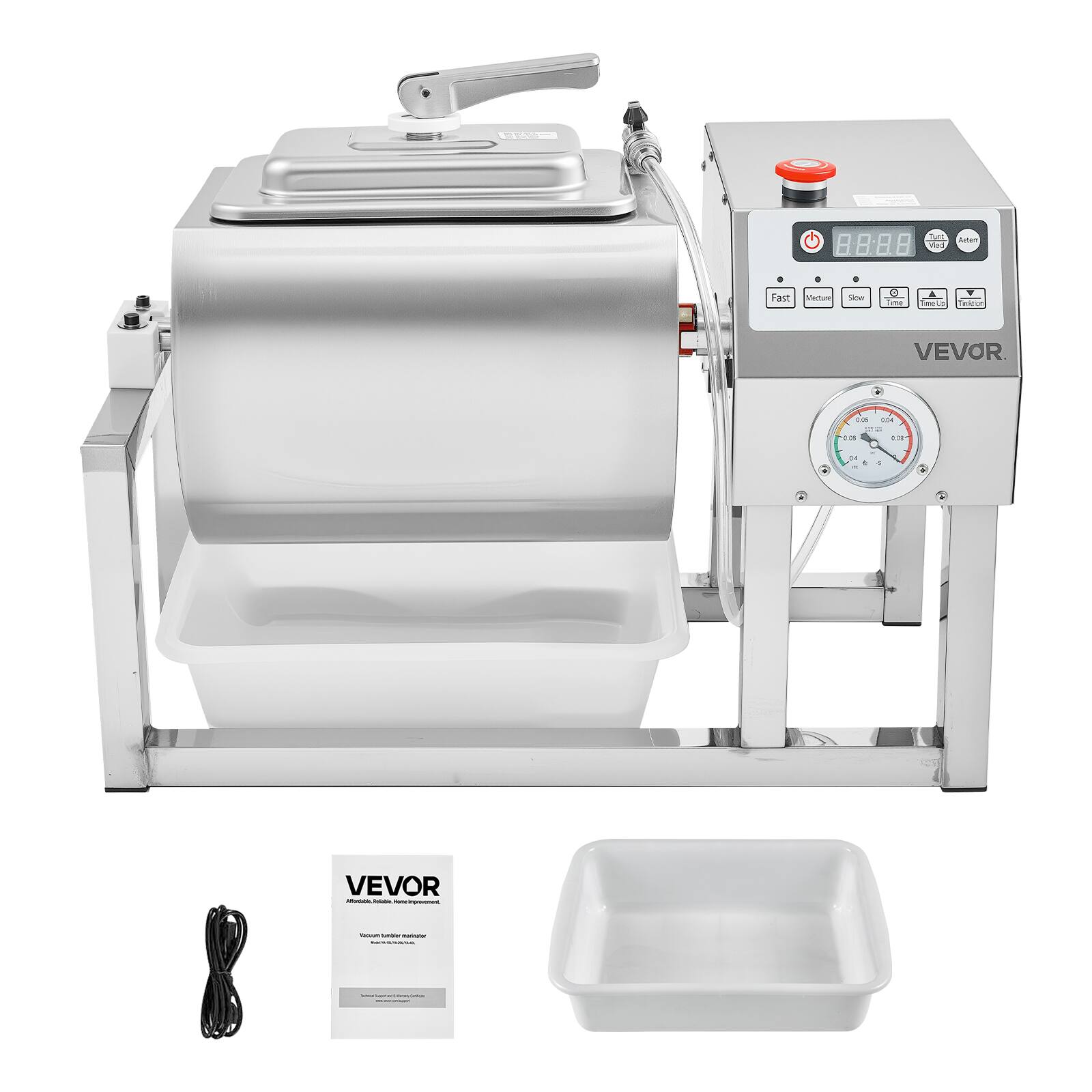 Sure, here is the corrected and grouped text from the image:

---

**VEVOR**

**Vacuum Fryer**

**Model: VV-1000**

**Features:**
- Fast
- Medium
- Slow
- Timer
- Temperature Control

**Specifications:**
- Power: 1000W
- Voltage: 220V
- Frequency: 50/60Hz
- Dimensions: 50 x 50 x 50 cm
- Weight: 20 kg

**Accessories Included:**
- Fryer Basket
- Fryer Tray
- Power Cord

**Warranty:**
- 1 Year

---

This text is based on the visible elements and common features of a vacuum fryer.