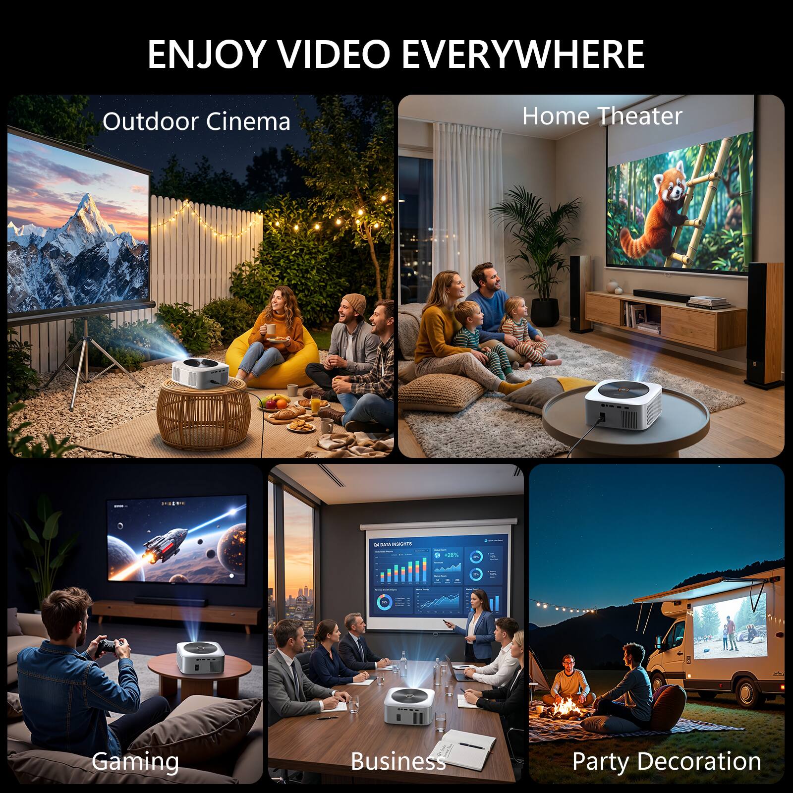 ENJOY VIDEO EVERYWHERE

Outdoor Cinema
Home Theater
Gaming
Business
Party Decoration