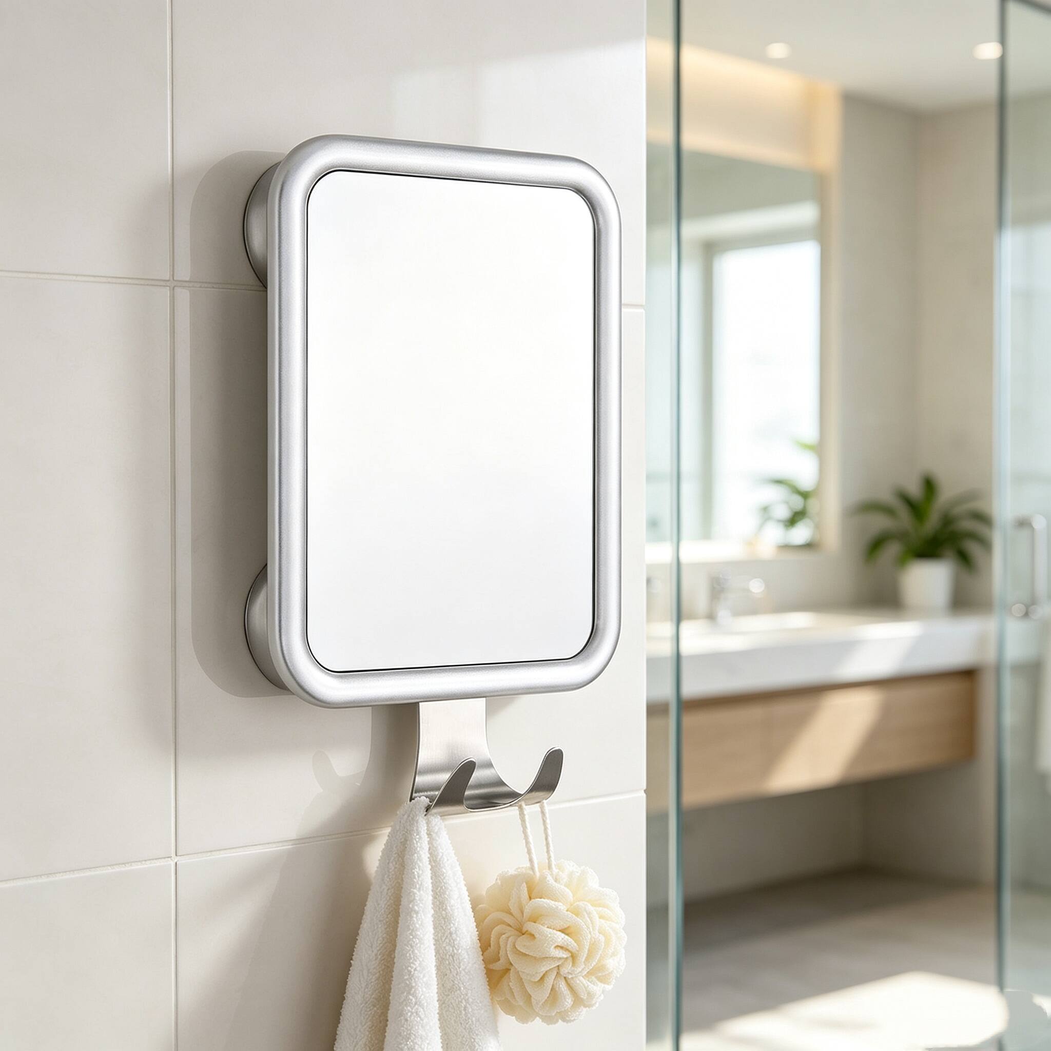 Alt View 1. Dazzed Corner - Fogless Shower Mirror with 4 Suction Cups, Anti-Fog Shaving Mirror with Razor Holder - Silver.