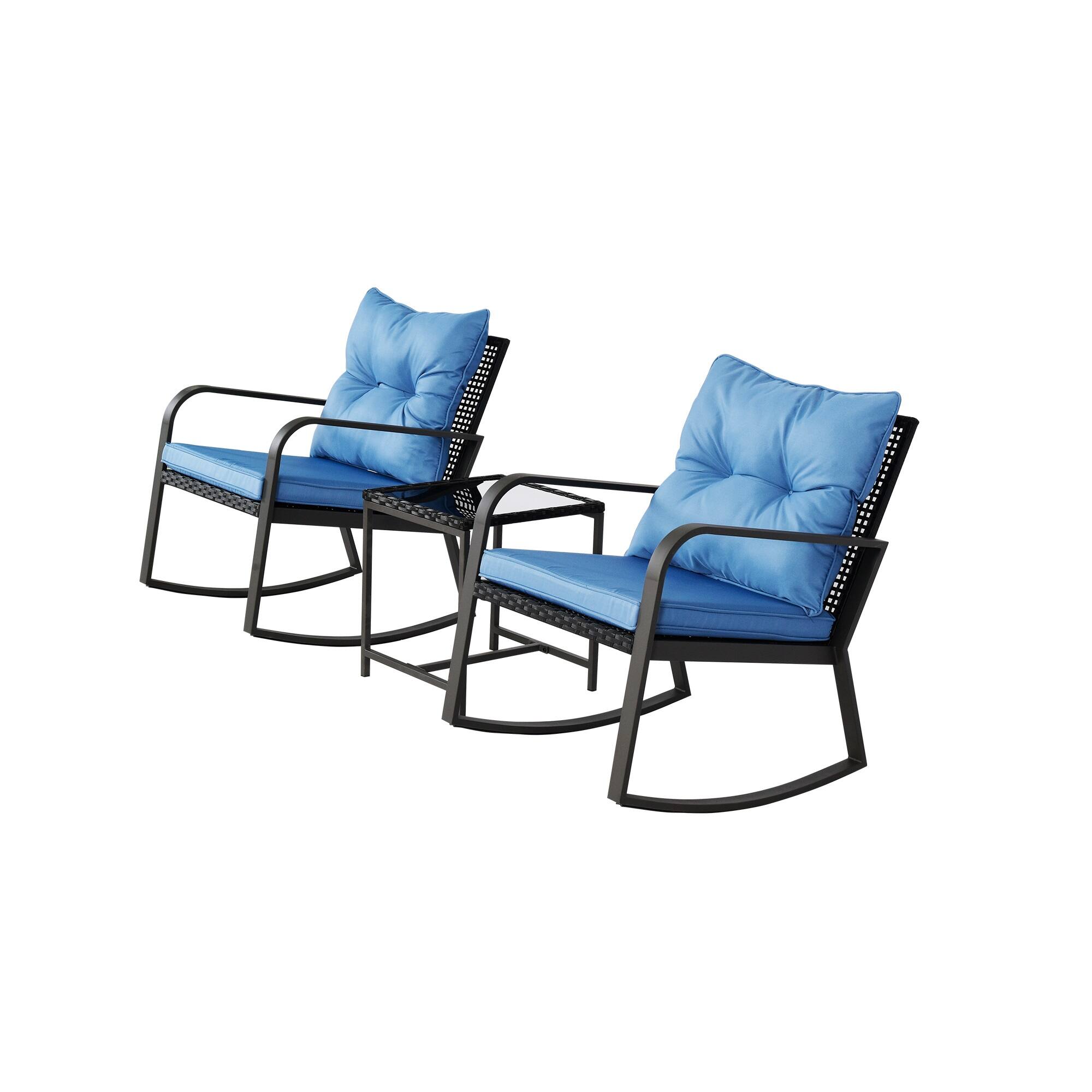 Alt View 1. Mondawe - 3 Pieces Patio Bistro Set Outdoor Rocking Chair with Cushion - Blue.