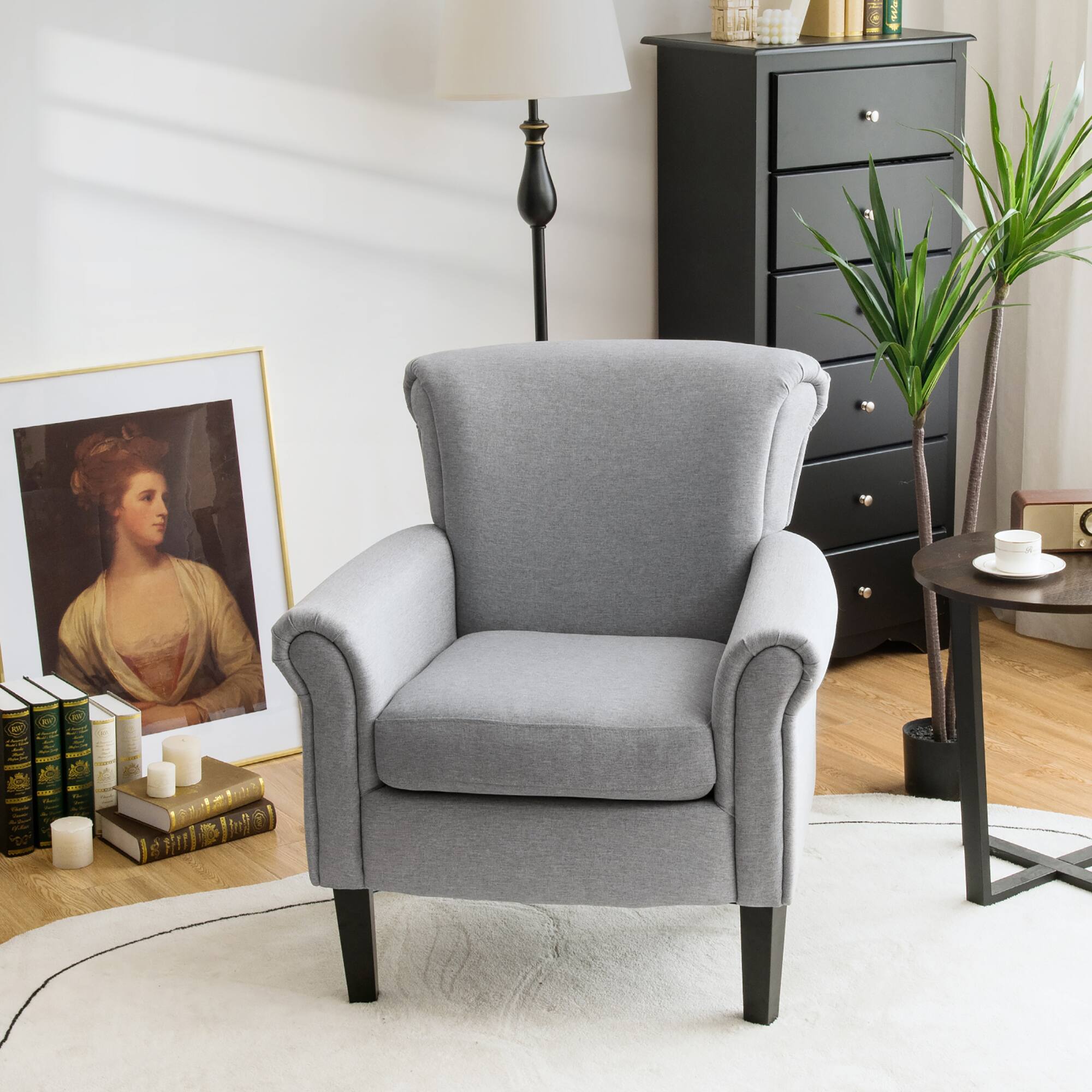Angle. Costway - Modern Upholstered Accent Chair with Rubber Wood Legs - Light Gray.
