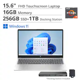 HP - 15.6" FHD Touchscreen Laptop,AMD Ryzen 7 7730U,16GB RAM,256GB SSD+1TB Dock Set,AMD Radeon Graphics,Win 11 - Silver
