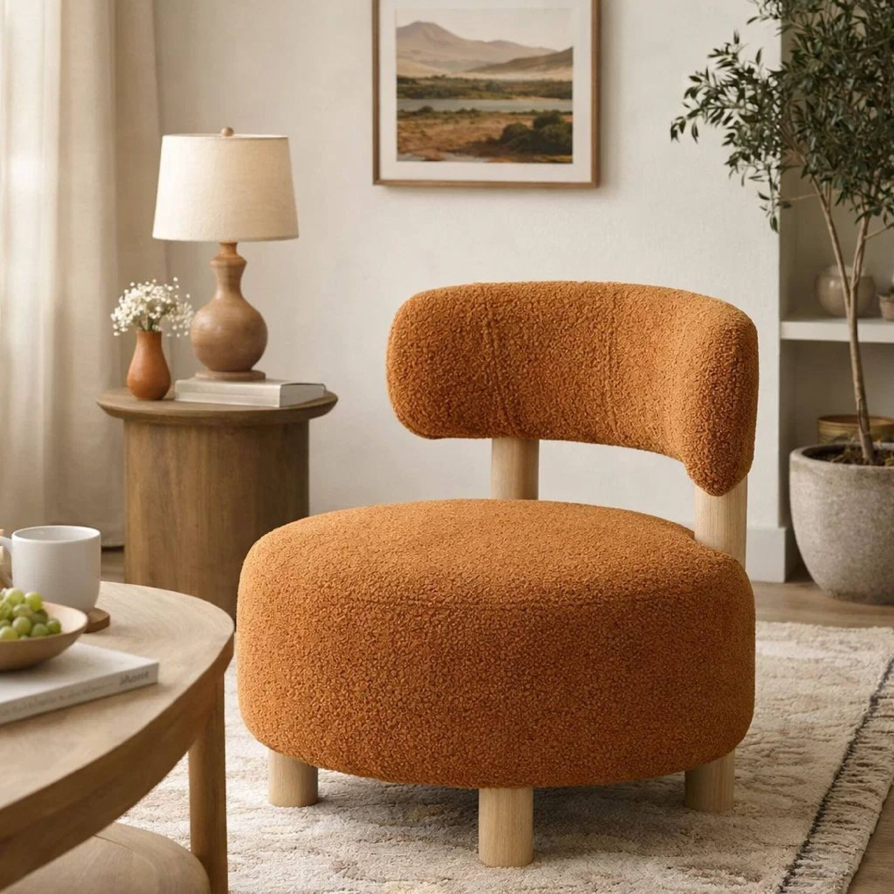 Alt View 6. Manhattan Lane - Zona Accent Chair, Barrel Back, Orange Boucle Fabric and Brown Wood - Orange, Brown.