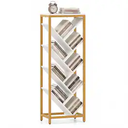 Costway - Tree Bookshelf 9-Tier Freestanding Bookcase Corner Narrow Display Shelf for Home - White & Gold
