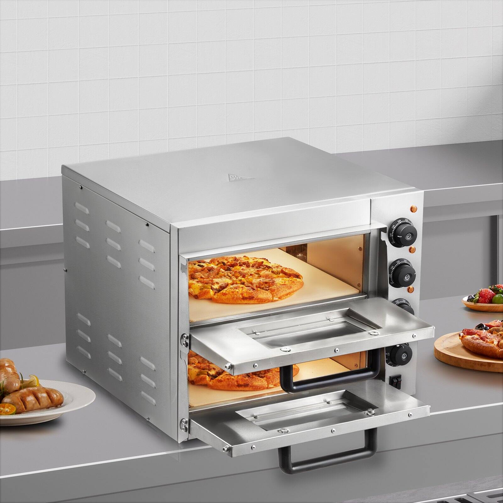 Alt View 1. Glintex - 14in Electric Pizza Oven Countertop, Adjustable Temp Control for Indoor Commercial Kitchen Use - Silver.
