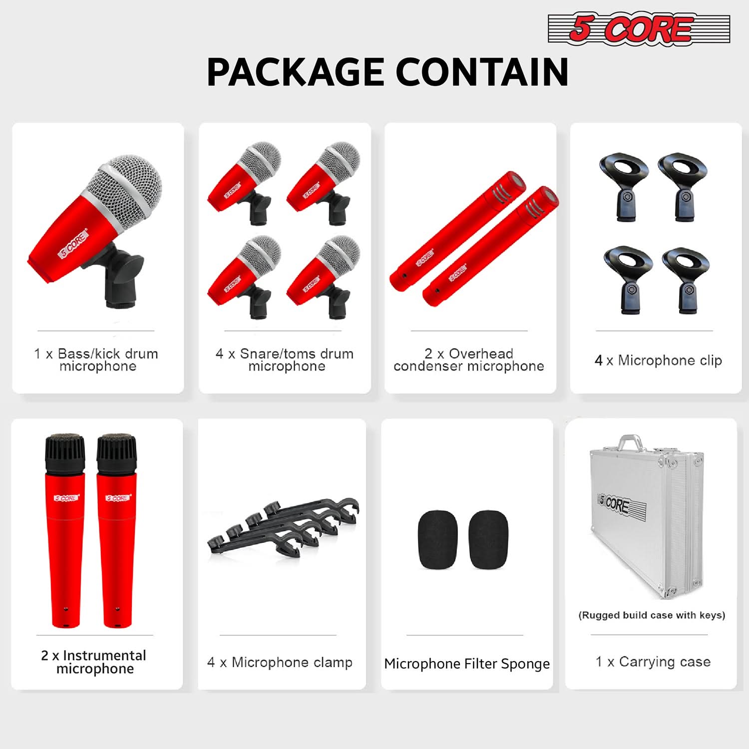 5 CORE PACKAGE CONTAIN

PACKAGE CONTAIN

1 x Bass/kick drum microphone

4 x Snare/toms drum microphone

2 x Overhead condenser microphone

4 x Microphone clip

2 x Instrumental microphone

4 x Microphone clamp

Microphone Filter Sponge

1 x Carrying case

(Rugged build case with keys)