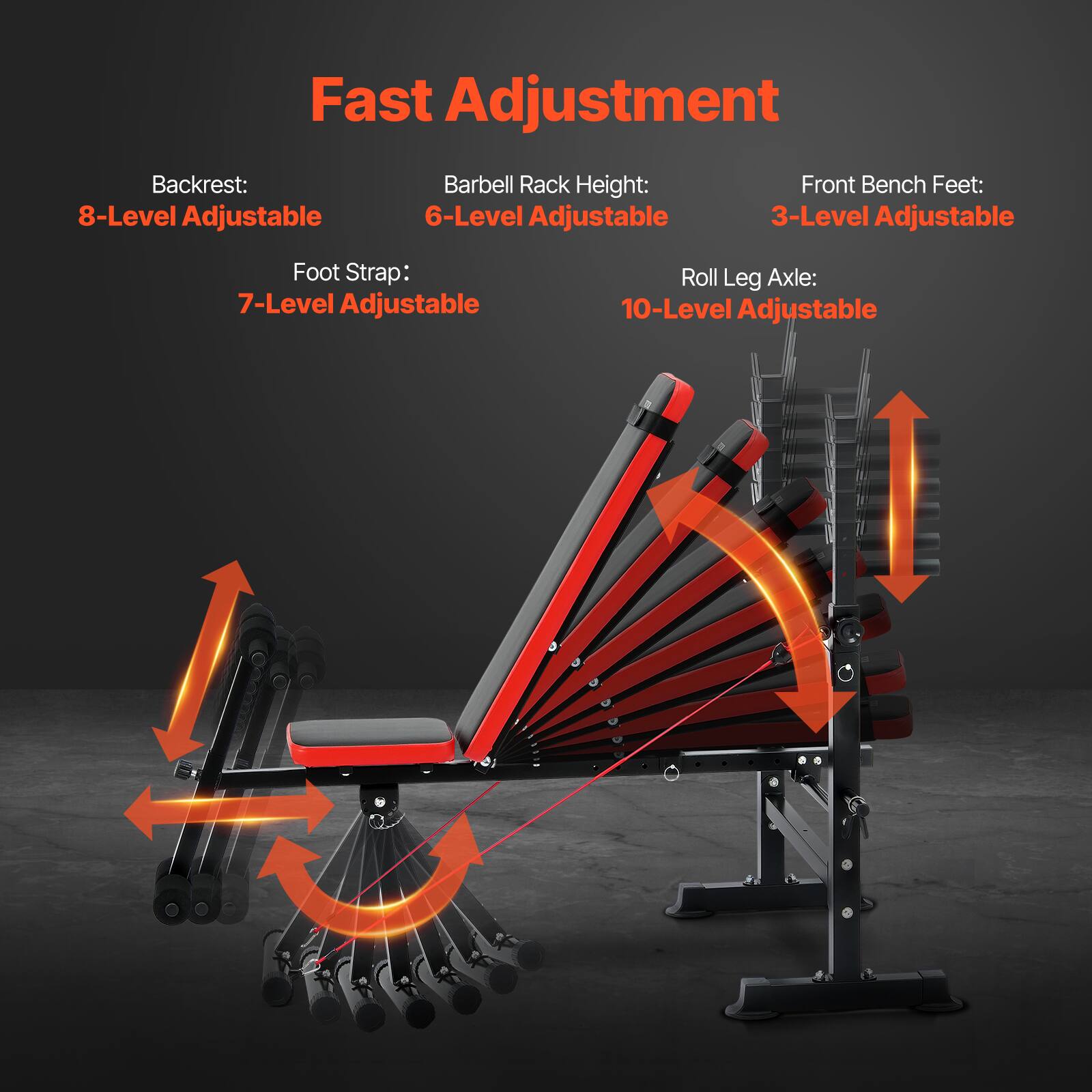Fast Adjustment

- Backrest: 8-Level Adjustable
- Barbell Rack Height: 6-Level Adjustable
- Front Bench Feet: 3-Level Adjustable
- Foot Strap: 7-Level Adjustable
- Roll Leg Axle: 10-Level Adjustable