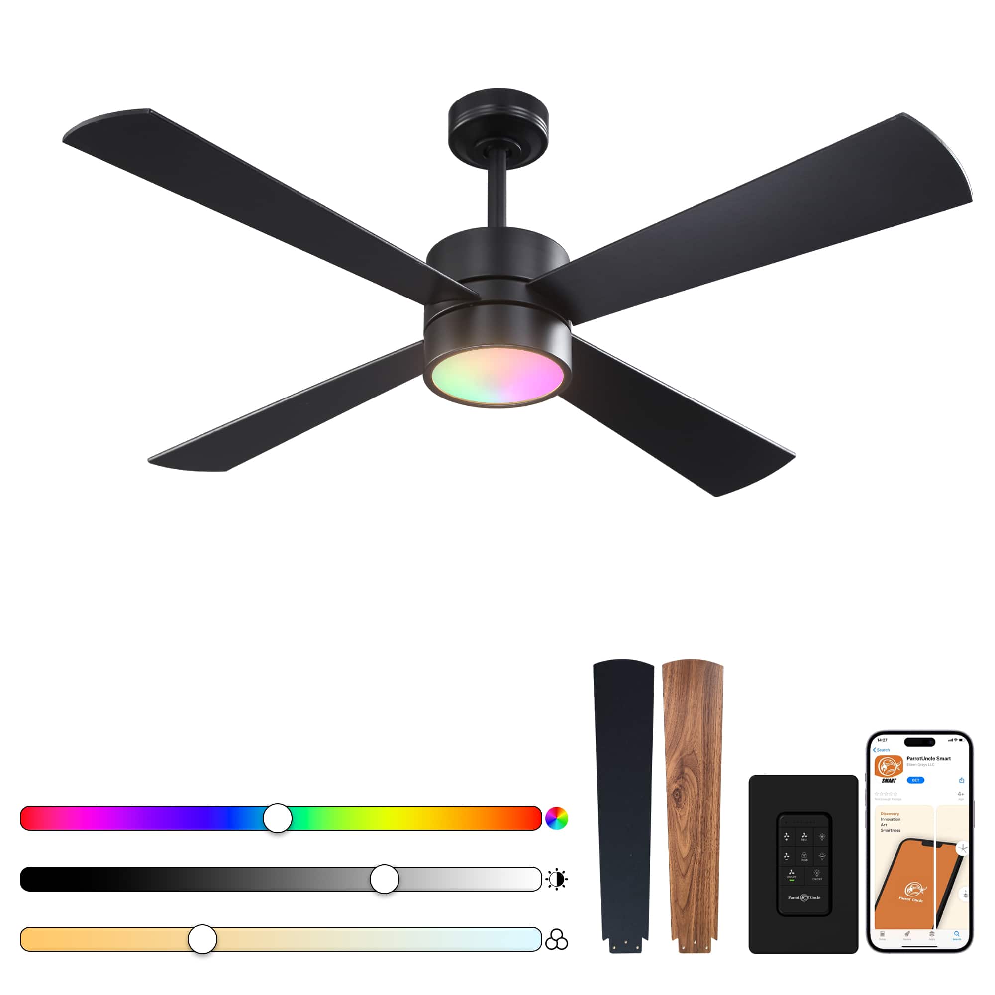 Front. Parrot Uncle - 52-Inch RGB Smart Ceiling Fan with Lights – Modern, Dimmable, Reversible DC Motor & App Control - Black.