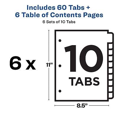 Includes 60 Tabs + 6 Table of Contents Pages  
6 Sets of 10 Tabs  
6 x 11"  
10 Tabs  
8.5"