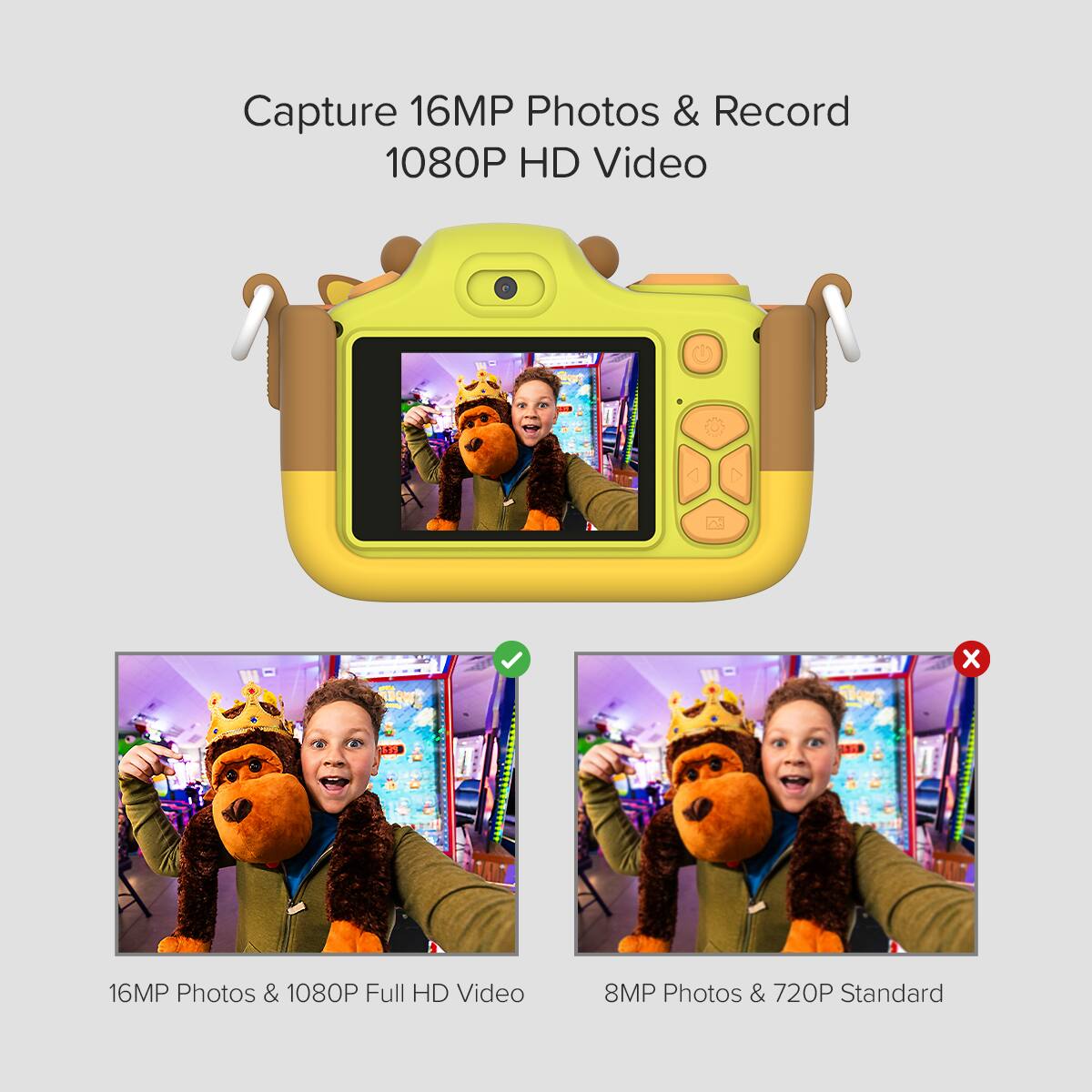Capture 16MP Photos & Record 1080P HD Video

16MP Photos & 1080P Full HD Video

8MP Photos & 720P Standard