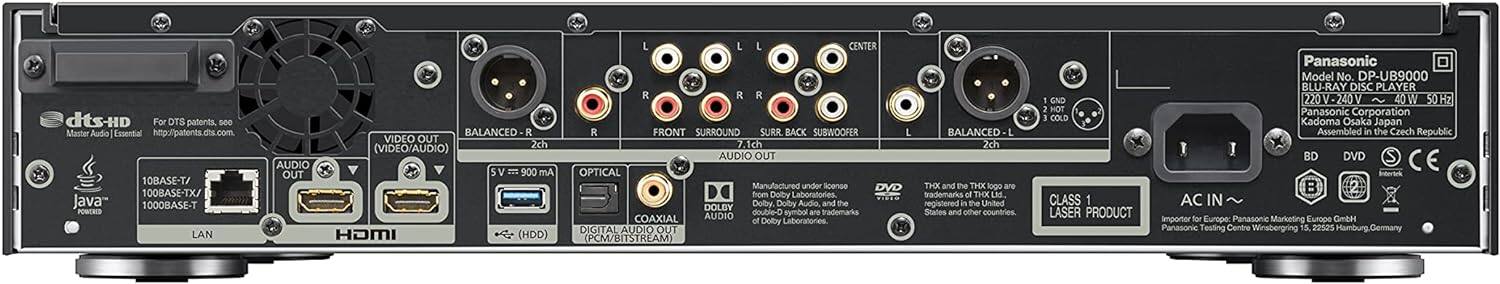 dts-HD  
Master Audio | Essential  
For DTS patents, see http://patents.dts.com  

Java  
POWERED  

10BASE-T / 100BASE-TX / 1000BASE-T  

LAN  

VIDEO OUT (VIDEO/AUDIO)  

BALANCED - R  
2ch  

BALANCED - L  
2ch  

AUDIO OUT  
7.1ch  

FRONT  
SURROUND  
SURR. BACK  
SUBWOOFER  

CENTER  

OPTICAL  
DIGITAL AUDIO OUT (PCM/BITSTREAM)  

COAXIAL AUDIO OUT  

HDMI (HDD)  

SV - 900 mA  

DOLBY  
AUDIO  
Manufactured under license from Dolby Laboratories. Dolby, Dolby Audio, and the double-D symbol are trademarks of Dolby Laboratories.  

THX and the THX logo are trademarks of THX Ltd. registered in the United States and other countries.  

CLASS 1 LASER PRODUCT  

Panasonic  
Model No. DP-UB9000  
BLU-RAY DISC PLAYER  
220V-240V ~ 40W 50Hz  

Panasonic Corporation  
Kadoma Osaka Japan  
Assembled