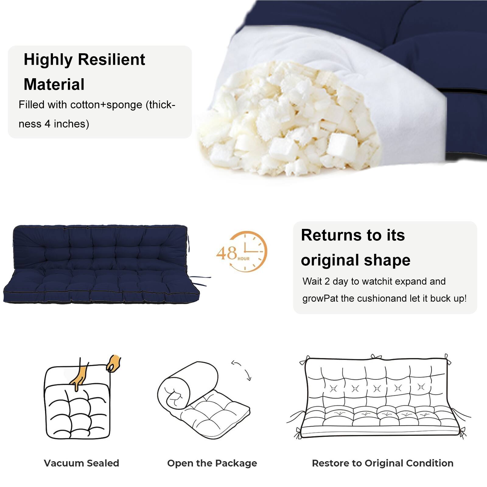 Highly Resilient Material  
Filled with cotton+sponge (thickness 4 inches)  

Returns to its original shape  
48 HOUR  
Wait 2 day to watch it expand and grow  
Pat the cushion and let it buck up!  

Vacuum Sealed  
Open the Package  
Restore to Original Condition