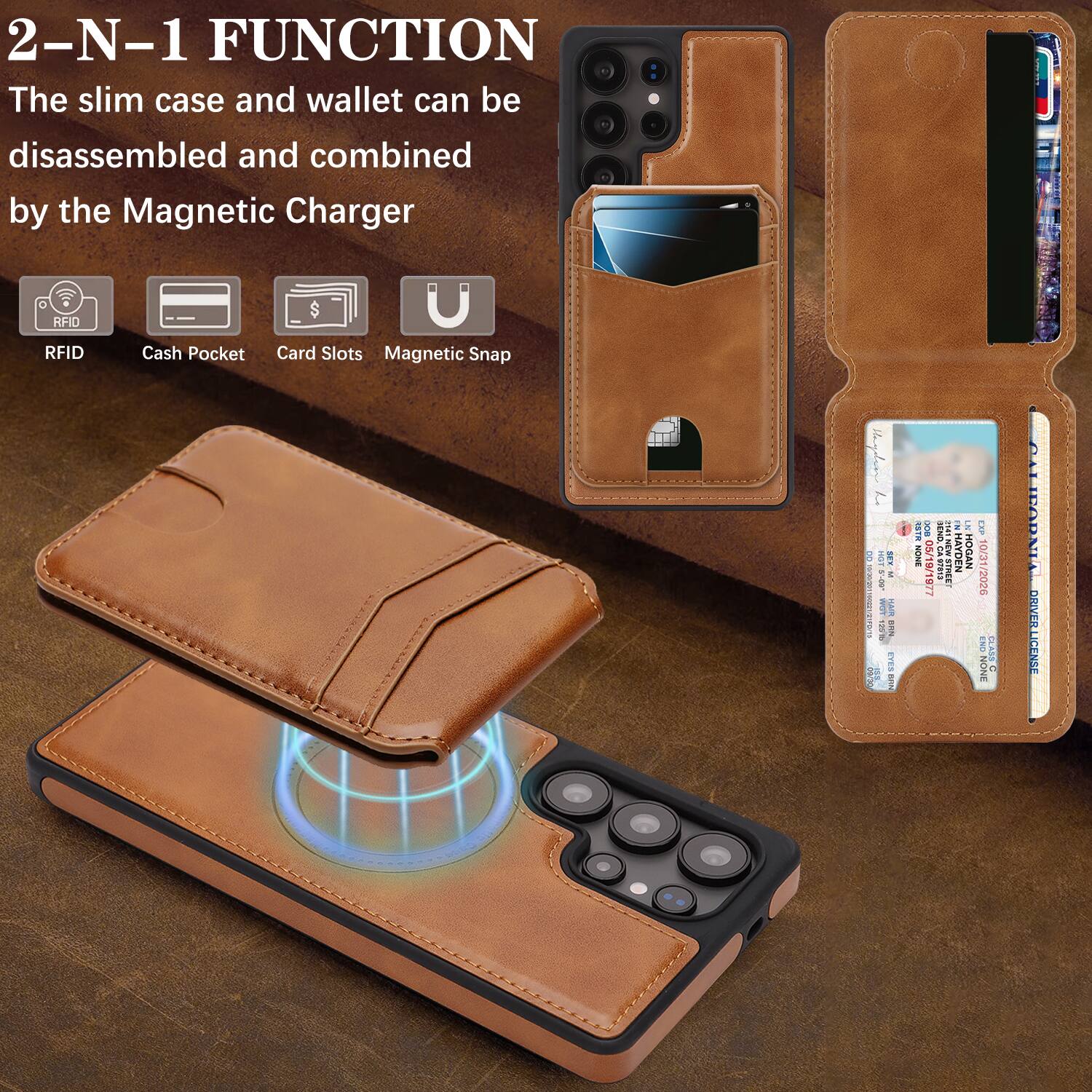 2-N-1 FUNCTION  
The slim case and wallet can be disassembled and combined by the Magnetic Charger  

RFID  
Cash Pocket  
Card Slots  
Magnetic Snap