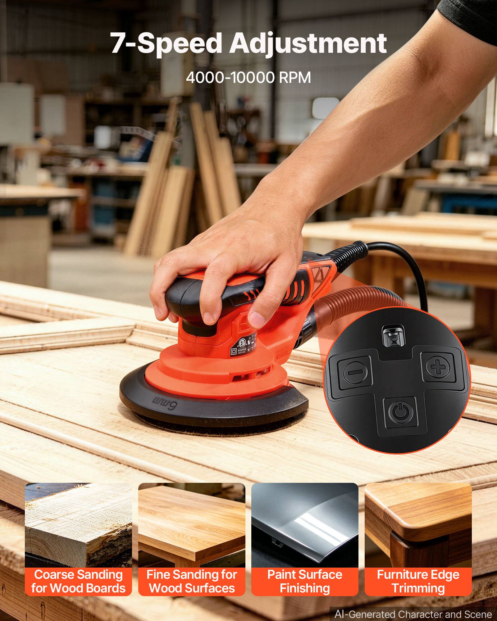 7-Speed Adjustment  
4000-10000 RPM  

Coarse Sanding for Wood Boards  
Fine Sanding for Wood Surfaces  
Paint Surface Finishing  
Furniture Edge Trimming  

AI-Generated Character and Scene