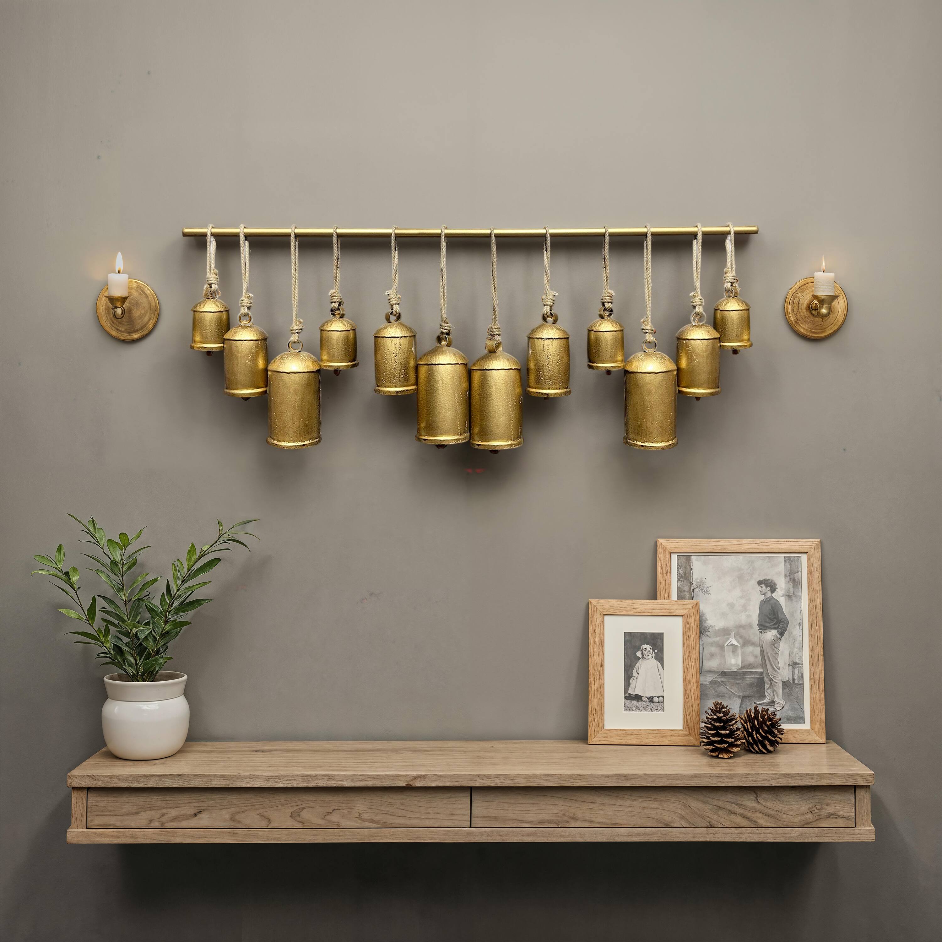 Alt View 10. Manhattan Lane - Neyra Iron Cow Bells Wall Decor 48 Inch Wide Decorative, Antique Gold Finish, Jute Hanging Rope - Gold.