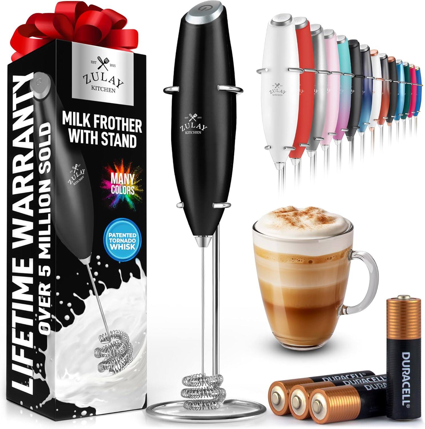 ZULAY KITCHEN  
MILK FROTHER WITH STAND  
LIFETIME WARRANTY  
OVER 5 MILLION SOLD  
PATENTED TORNADO WHISK  
MANY COLORS  
DURACELL