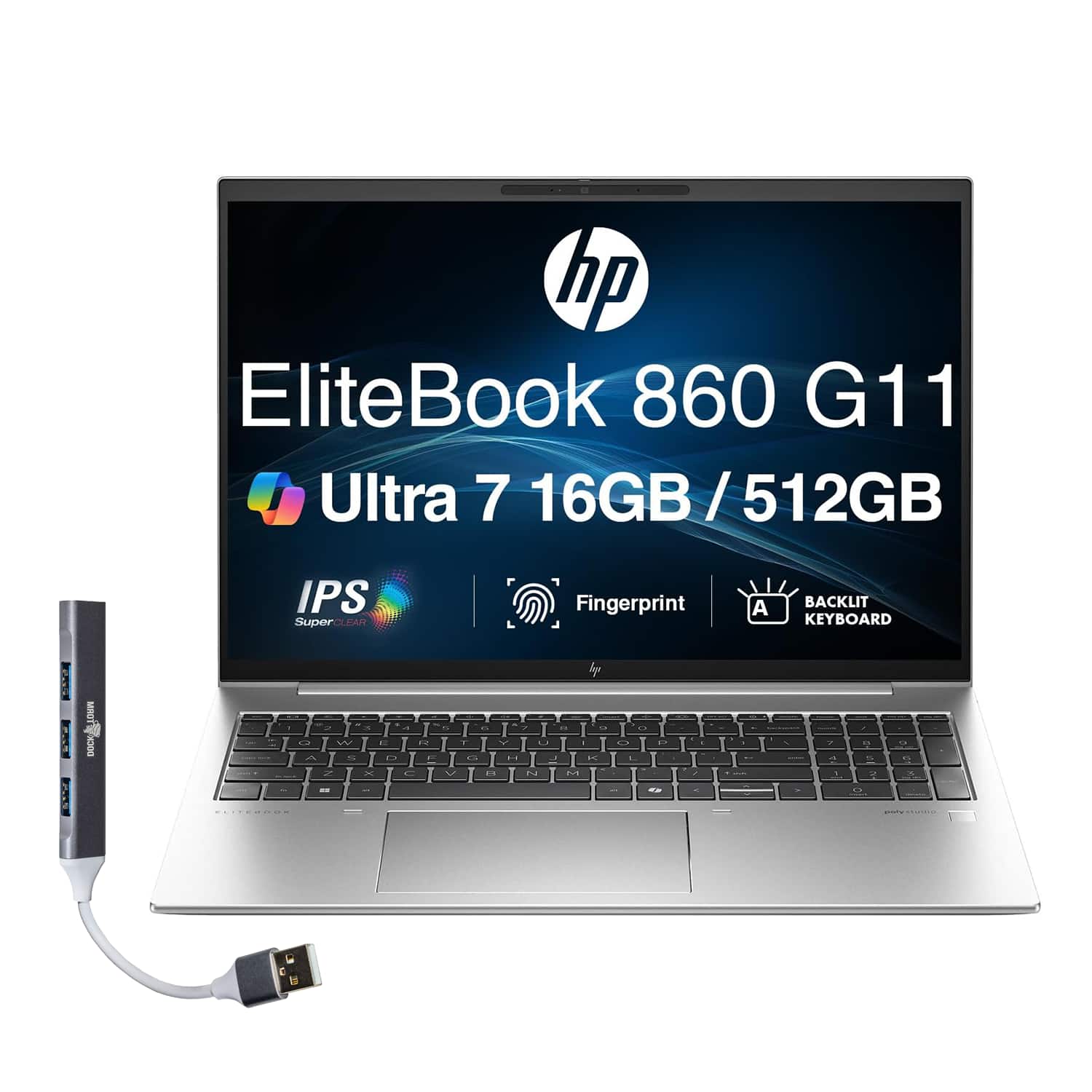 HP - EliteBook 860 Laptop 16.0 WUXGA (Intel Ultra 7 165U , 16GB DDR5, 512GB PCIe SSD, Win 11 Pro) w/USB Hub - Silver