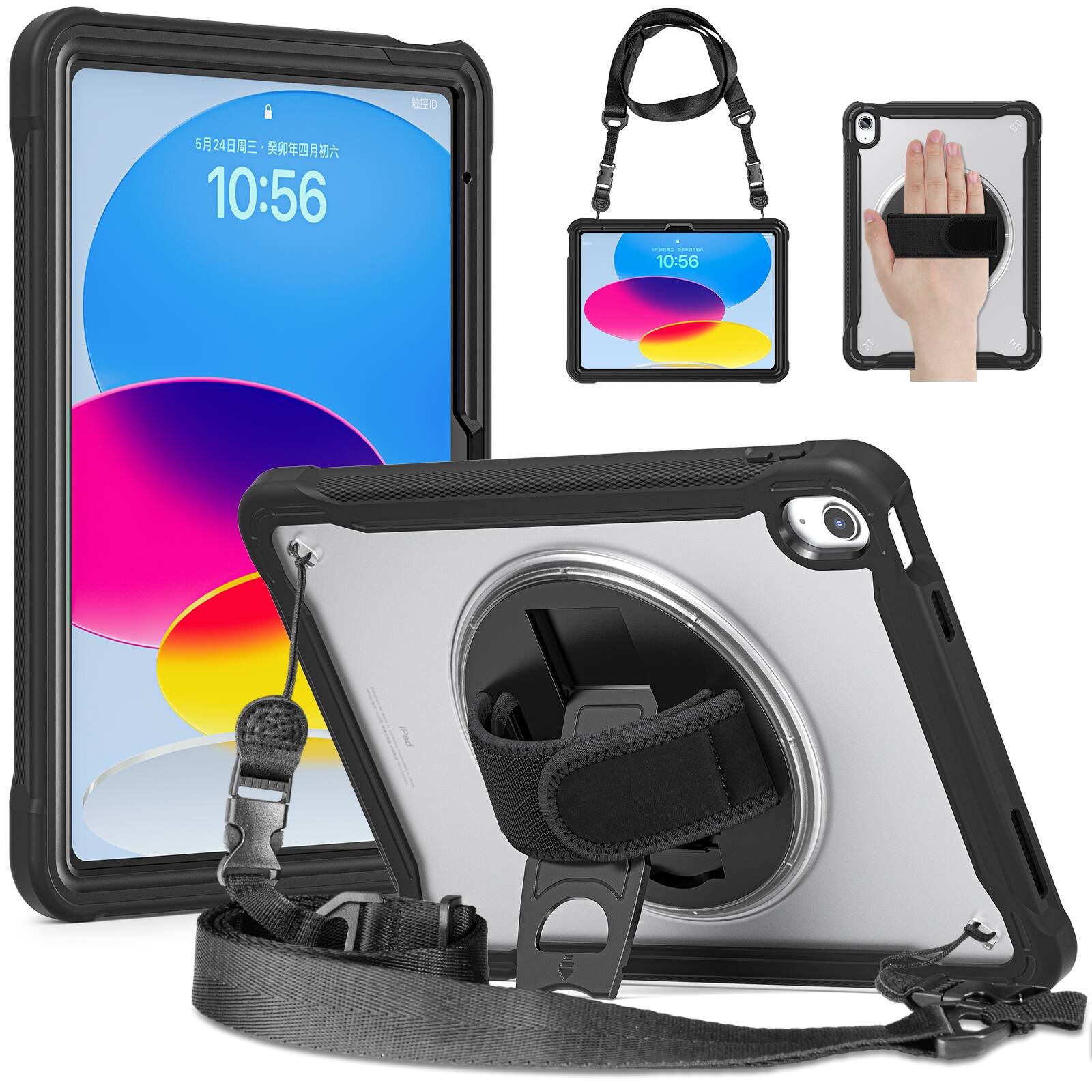 Dteck - Hybrid Rugged Case for iPad 11th(A16) 2025/10th Gen 2022 Shockproof Handstrap Foldable Kickstand Cover+Crossbody Strap - Black