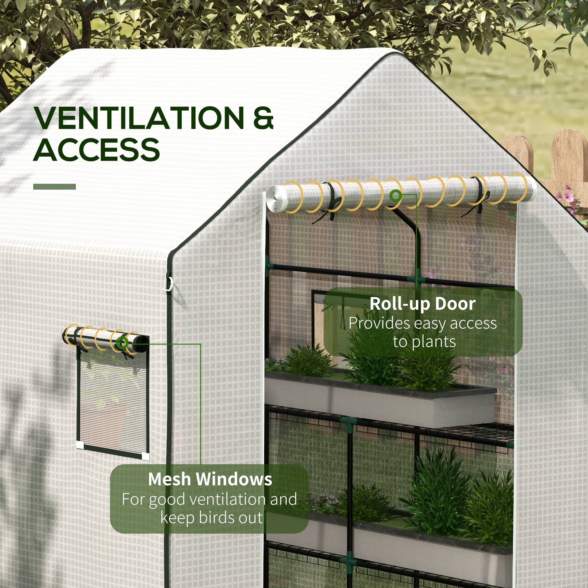 VENTILATION & ACCESS

- Roll-up Door  
  Provides easy access to plants

- Mesh Windows  
  For good ventilation and keep birds out