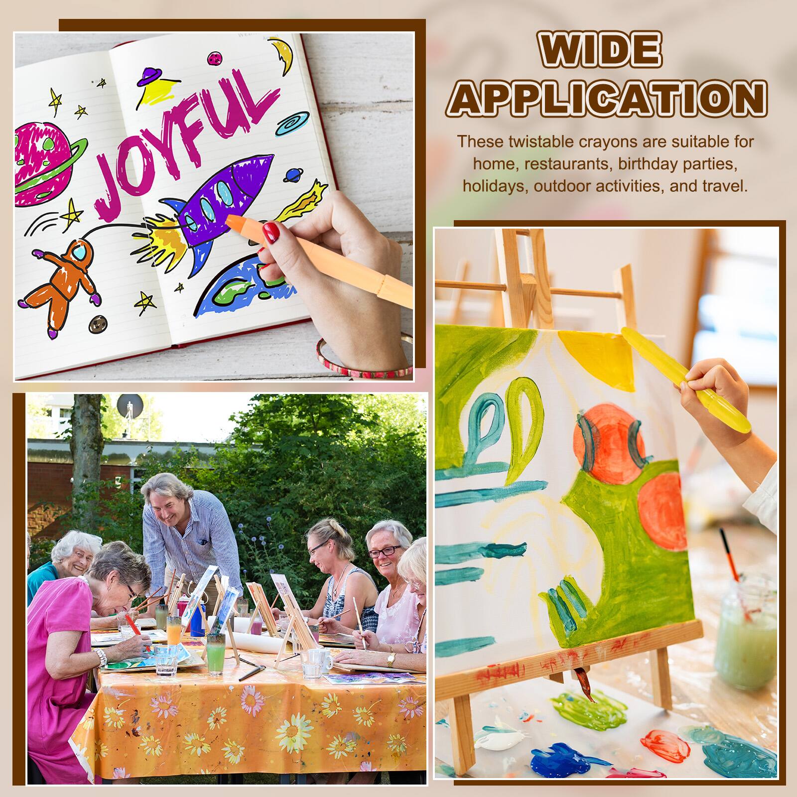 WIDE APPLICATION

These twistable crayons are suitable for home, restaurants, birthday parties, holidays, outdoor activities, and travel.