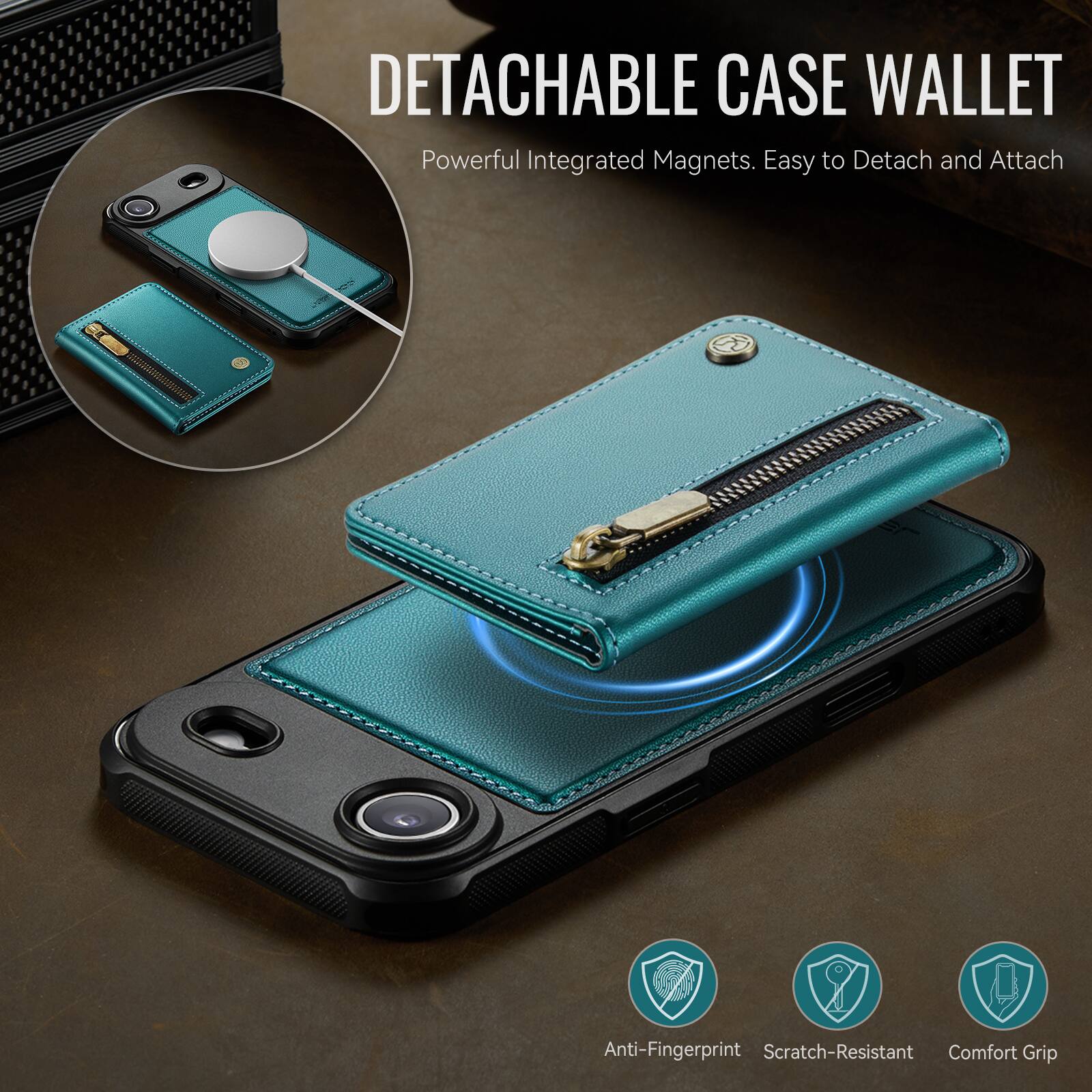 DETACHABLE CASE WALLET  
Powerful Integrated Magnets. Easy to Detach and Attach  

Anti-Fingerprint  
Scratch-Resistant  
Comfort Grip