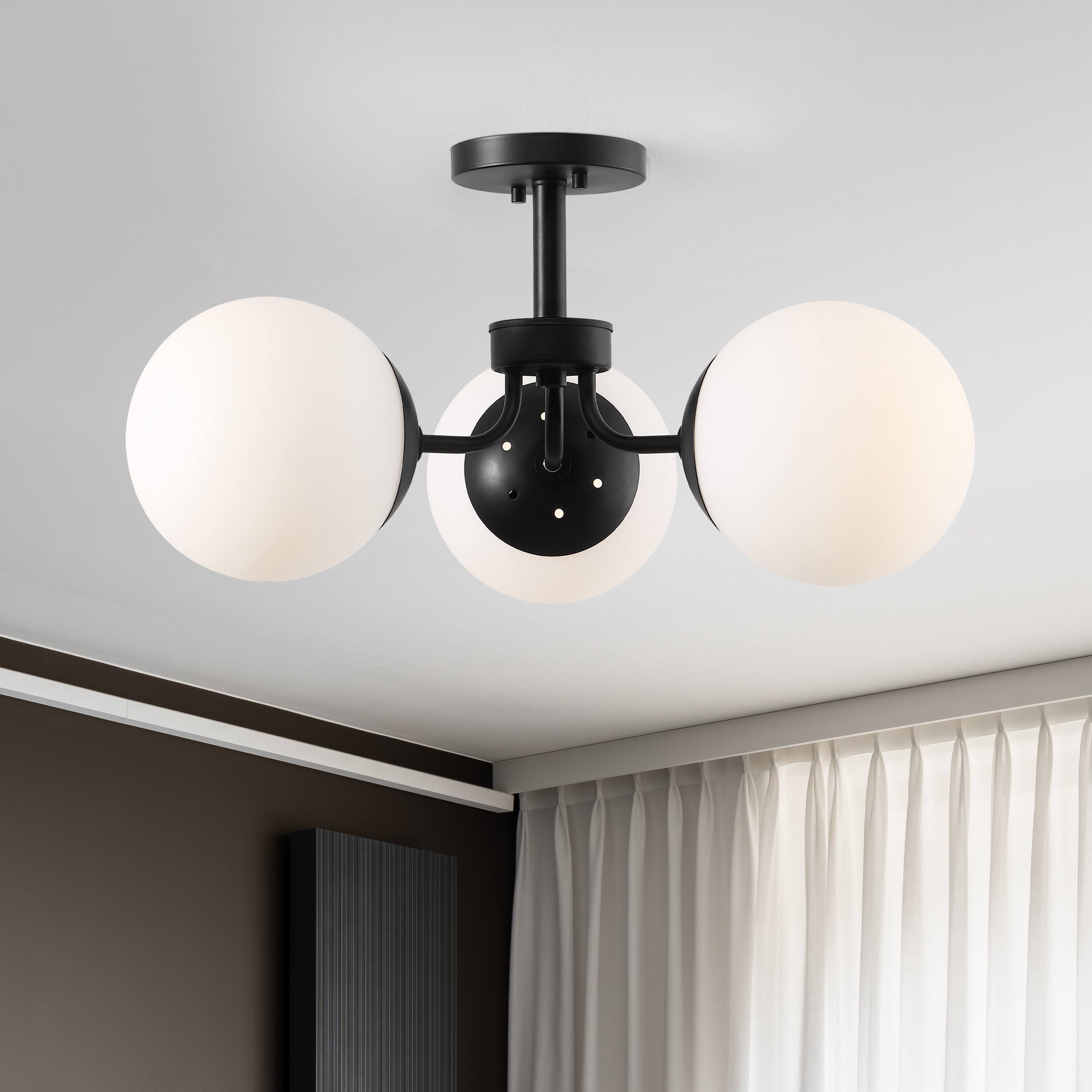 Alt View 1. Jonathan Y - Olivier 23.5" 3-Light Bohemian Farmhouse Iron/Frosted Glass LED Semi Flush Mount, Black - Black.
