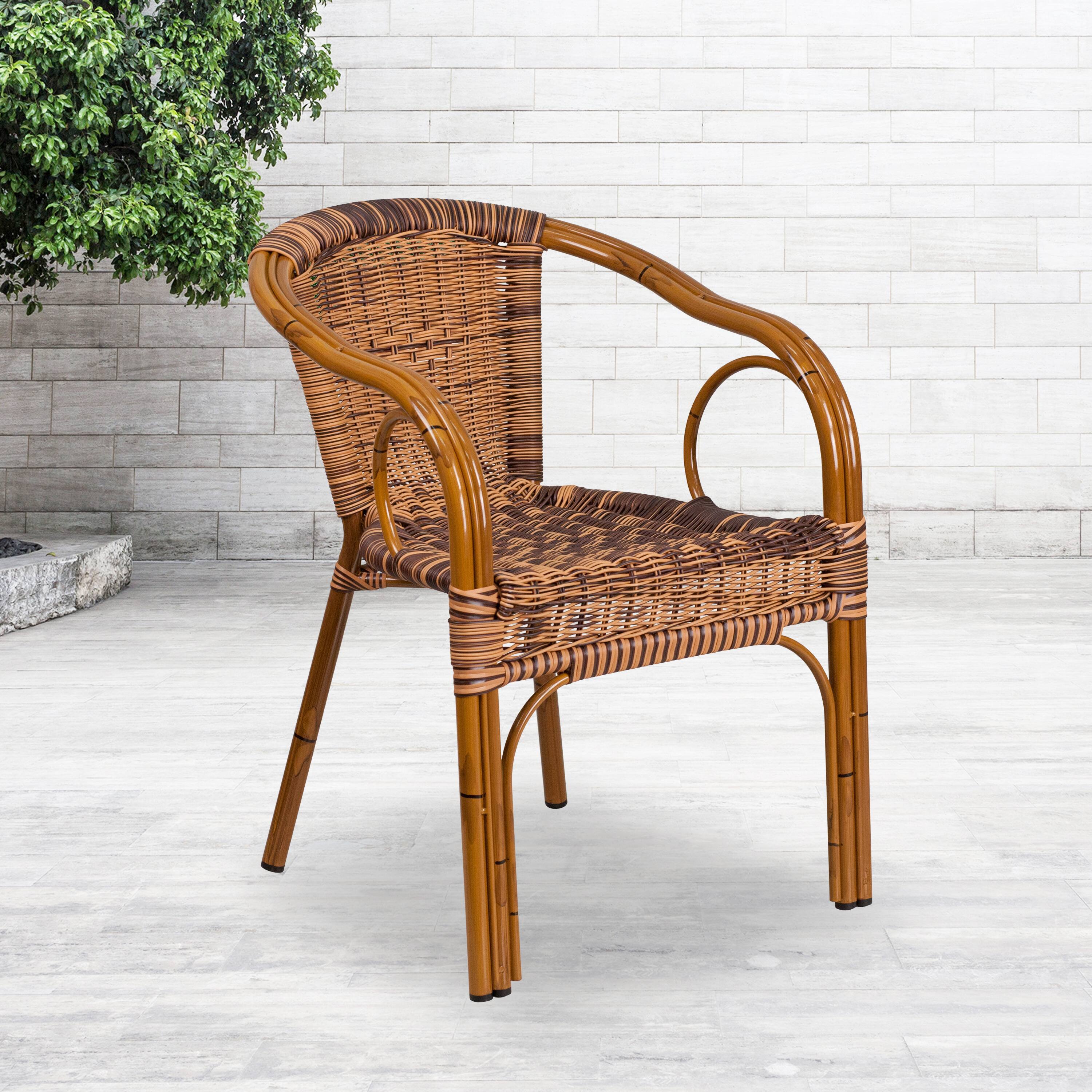 Alt View 2. Emma + Oliver - 3 Pack Rattan Restaurant Patio Chair with Bamboo-Aluminum Frame - Burning Brown Rattan/Dark Red Bamboo-Aluminum.