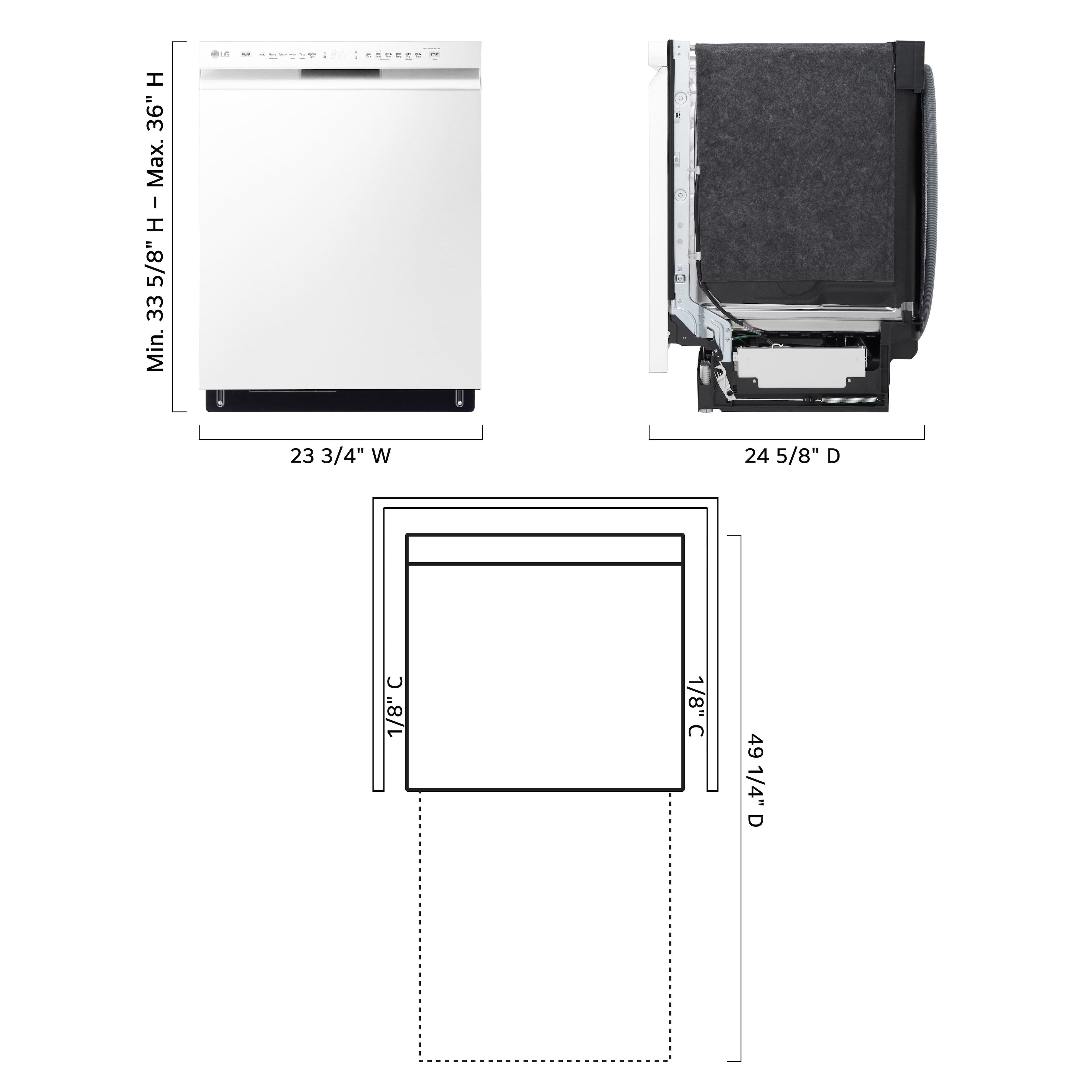 The text on the image reads: "d1: H 36" Max. I 5/8" H - Max 5/8" H 33 Min. 23 3/4" W 24 5/8" D 1/8" 1/8" C C 49 1/4" D". This text is describing the dimensions of a mirror and a frame. The mirror is 36" in height, with a maximum width of 5/8". The frame has a minimum width of 23 3/4" and a maximum width of 24 5/8". The depth of the frame is 1/8".