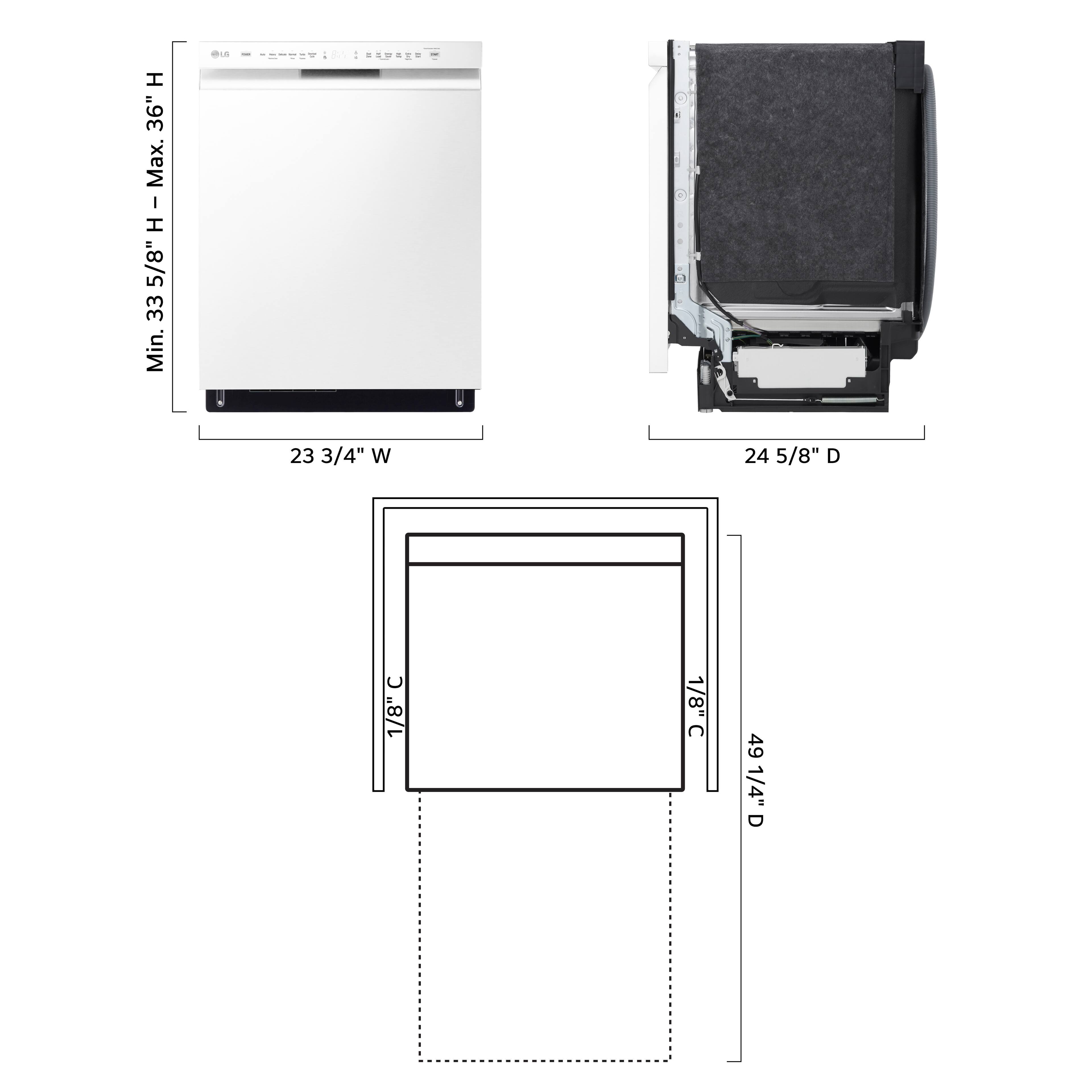 The text on the image reads: "d1: H 36" Max. I 5/8" H - Max 5/8" H 33 Min. 23 3/4" W 24 5/8" D 1/8" 1/8" C C 49 1/4" D". This text is describing the dimensions of a mirror and a frame. The mirror is 36" in height, with a maximum width of 5/8". The frame has a minimum width of 23 3/4" and a maximum width of 24 5/8". The depth of the frame is 1/8".