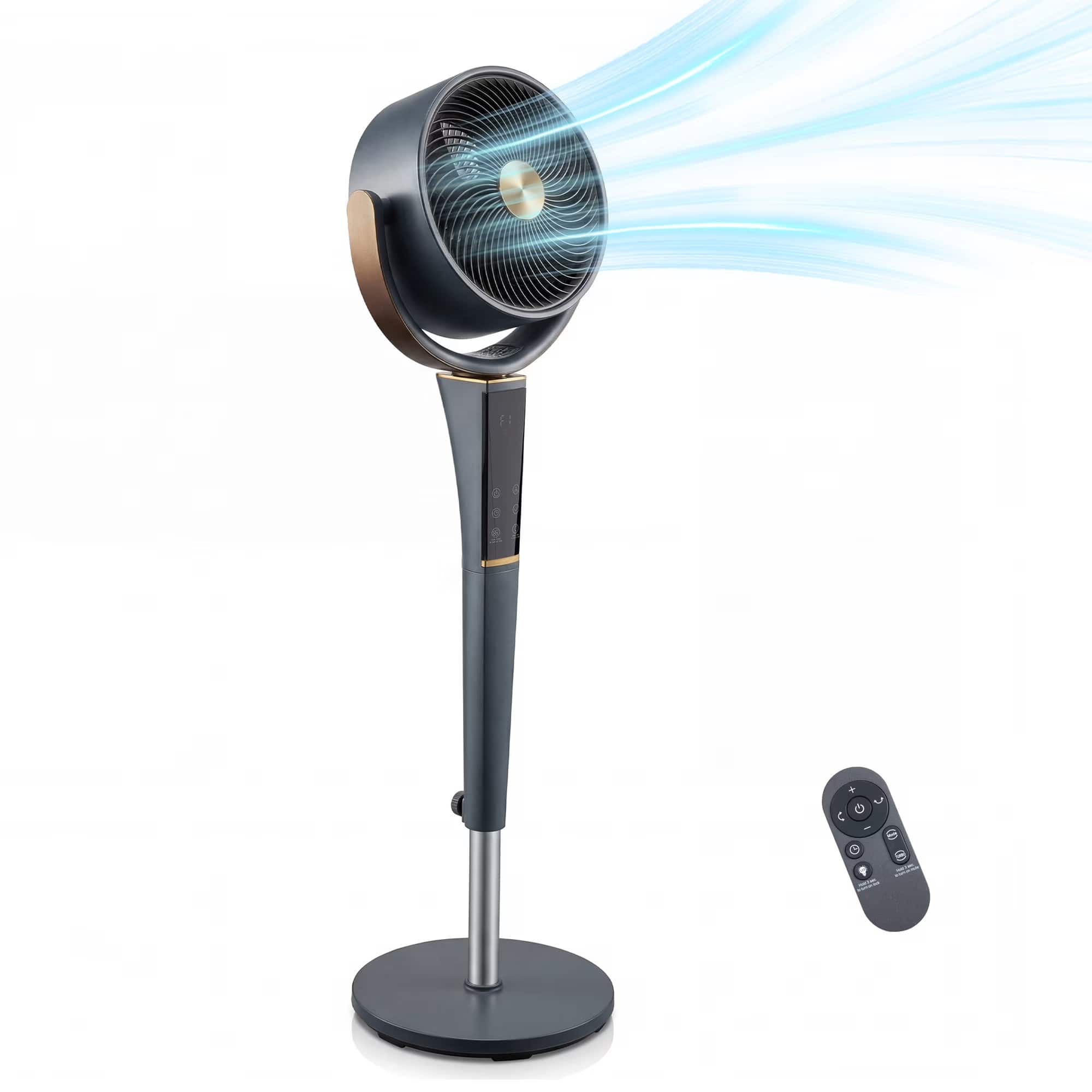 Front. Sweet - Standing Fan for Bedroom,120° Oscillation, Quiet 20dB, 15 Speeds 5 Modes,Remote Control, LED Light - Grey.