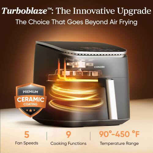 Turboblaze™: The Innovative Upgrade  
The Choice That Goes Beyond Air Frying  

COSORI PREMIUM CERAMIC COATING  

5 Fan Speeds  
9 Cooking Functions  
90°-450°F Temperature Range