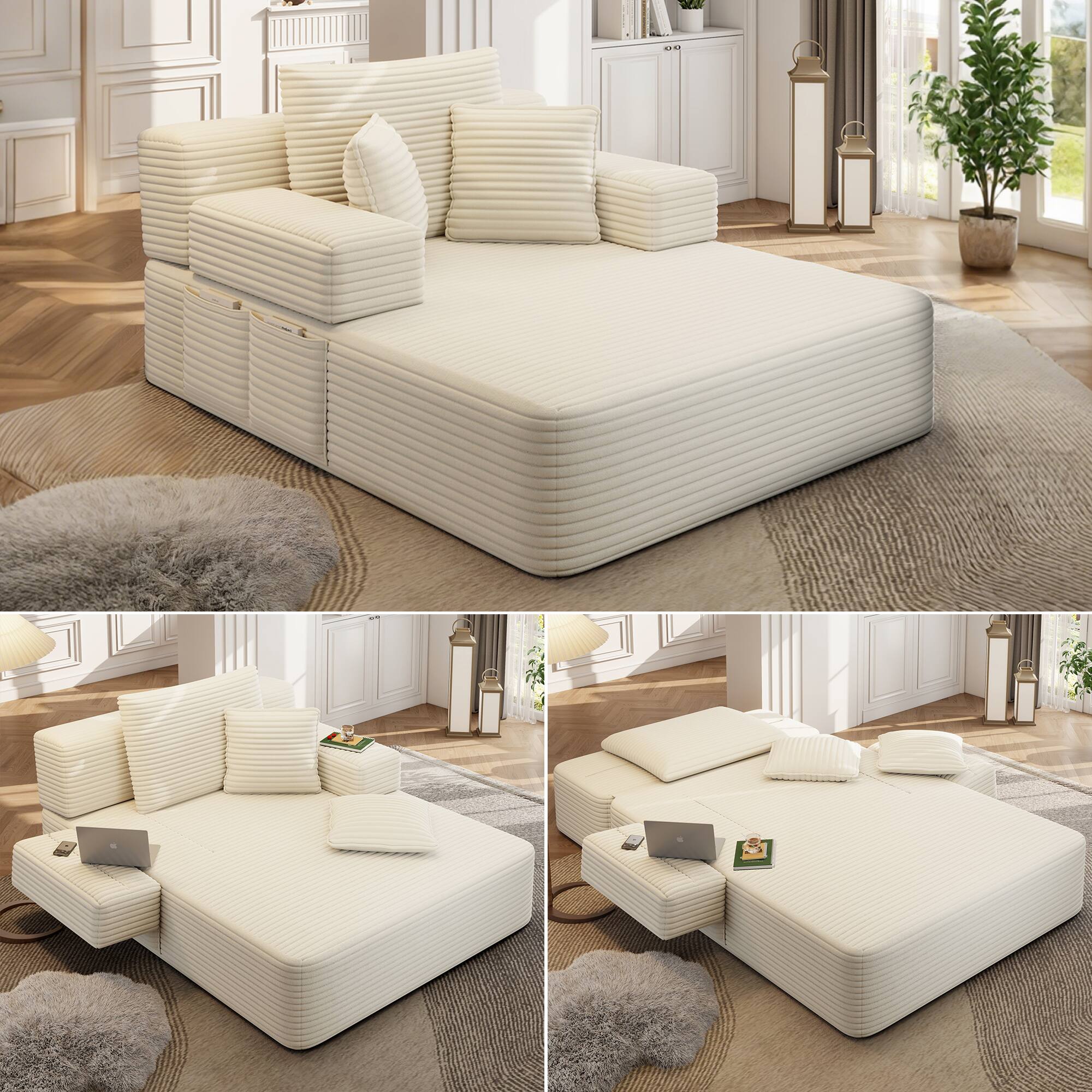 Front. Anysun - Multi-Functional Frameless Convertible Plush Corduroy Chaise Lounge Sofa Bed with Storage Pockets, 3 Soft Pillows - Beige White.