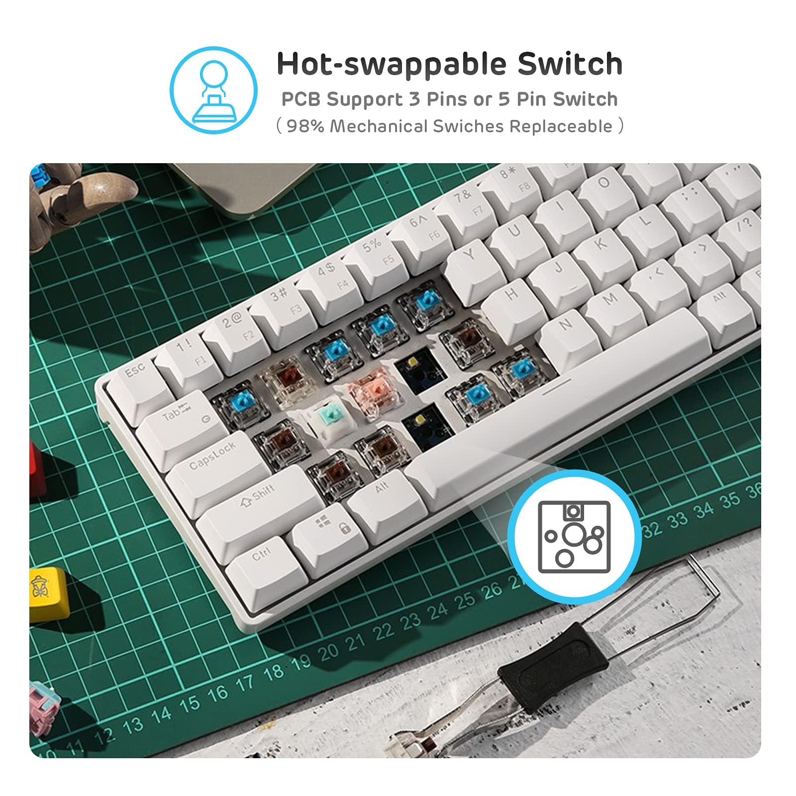 Hot-swappable Switch  
PCB Support 3 Pins or 5 Pin Switch  
(98% Mechanical Switches Replaceable)  

FB 7& F7 6 F6 U 5% F5 Y 4$ F4 3# H F3 2 @ F2 1! F1 Esc Tab CapsLock Shift All Ctrl 26 2 24 25 22 23 20 21 18 19 16 17 14 15 12 13 11 I J N O K M L /? >  

F All 35 36 33 34 32