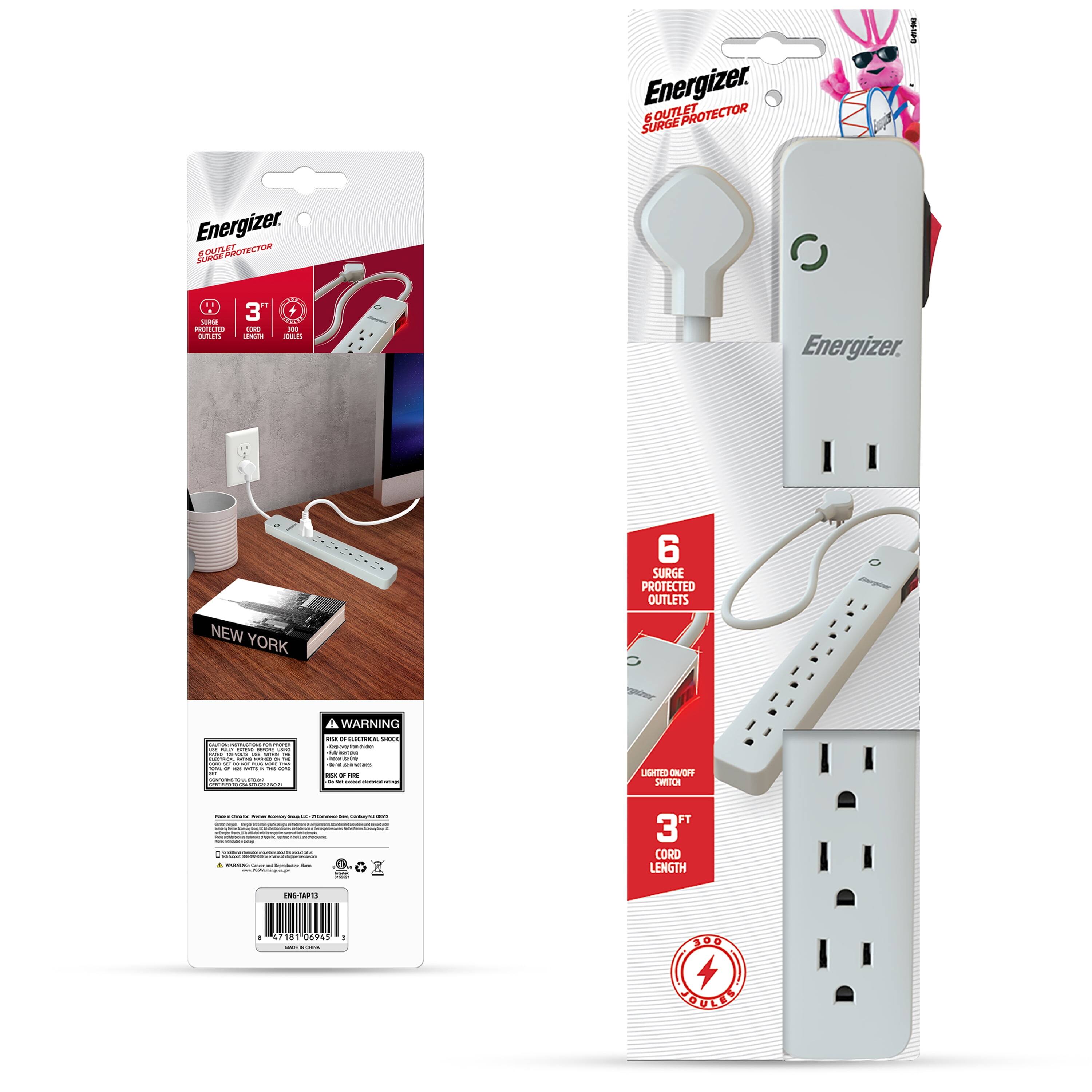 Energizer. 6 OUTLET SURGE PROTECTOR

Energizer. 6 SURGE PROTECTED OUTLETS

3" CORD LENGTH

NEW YORK

WARNING

ENG-TAP3

718 06949

300 COULEY