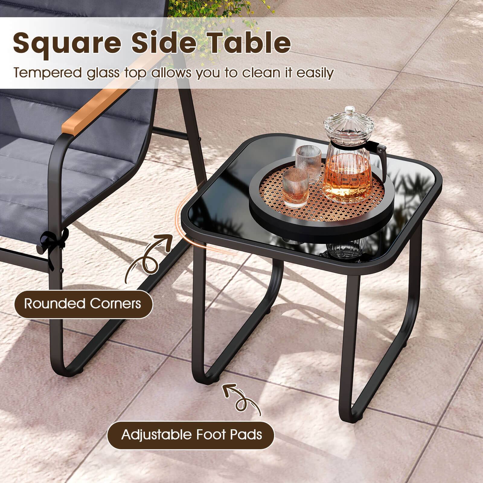 Square Side Table  
Tempered glass top allows you to clean it easily  
Rounded Corners  
Adjustable Foot Pads