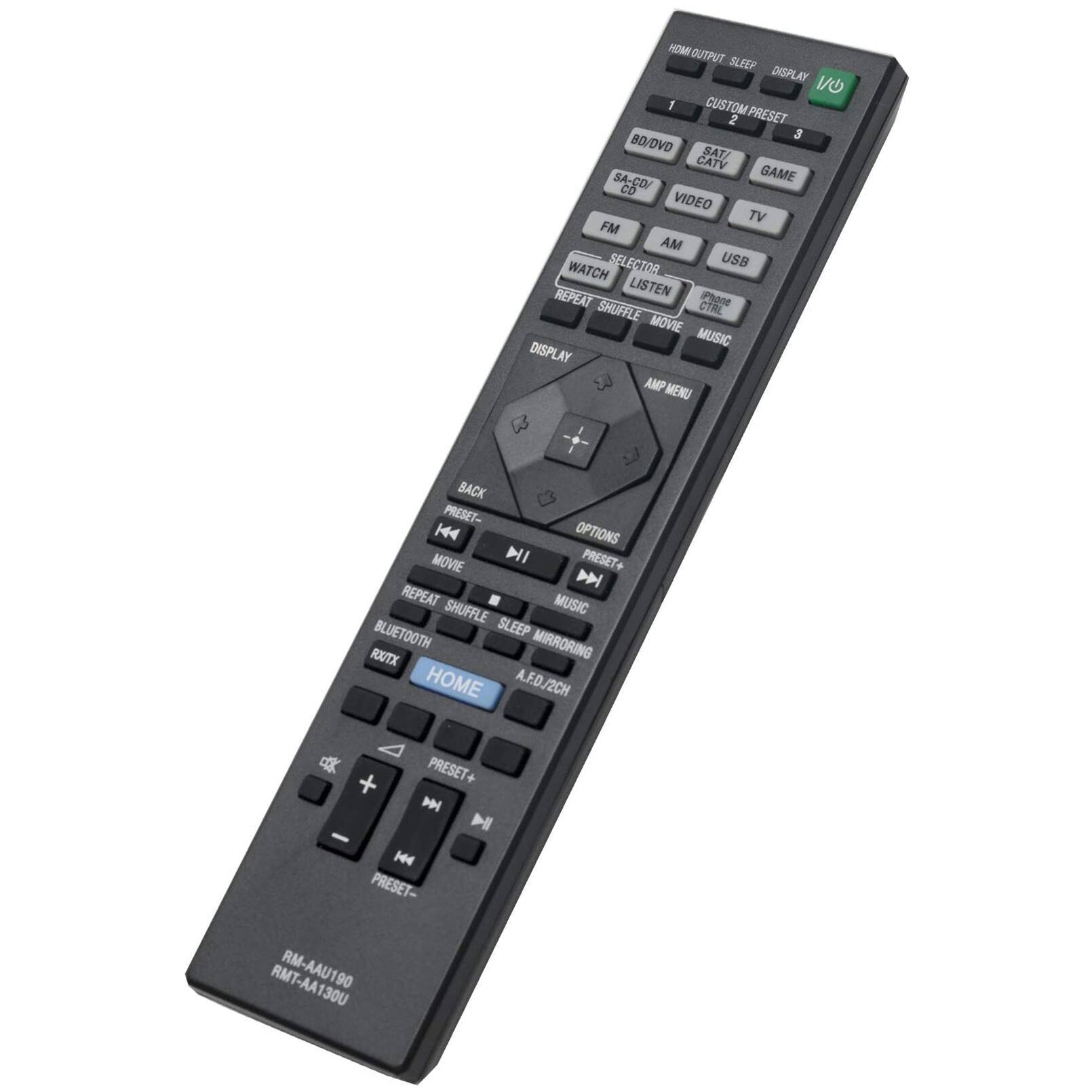 HD OUTPUT SLEEP DISPLAY I/O 1 CUSTOM 2 PRESET 3 BD/DVD SAT! CATV SA-CO/ GAME CD VIDEO TV FM AM SELECTOR USB WATCH REPEAT LISTEN CTAL iPhone SHUFFLE MOVIE MUSIC DISPLAY AMP MENU BACK PRESET- K4 OPTIONS MOVIE NI PRESET + D REPEAT MUSIC SHUFFLE BLUETOOTH SLEEP ROUTX MIRRORING HOME A.F.D/2CH + PRESET+ D H - 144 PRESET- RMT-AA130U