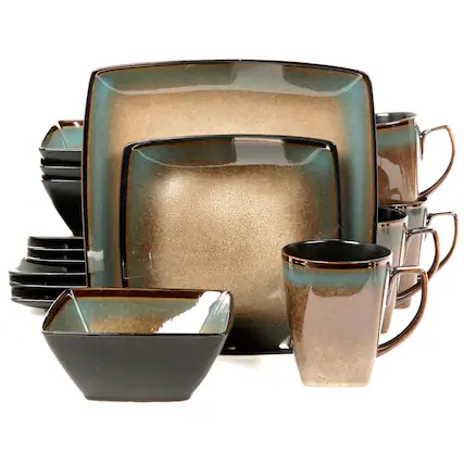 Front. Gibson - Gibson Elite Tequesta 16 Piece Square Dinnerware Set, Taupe - Taupe.