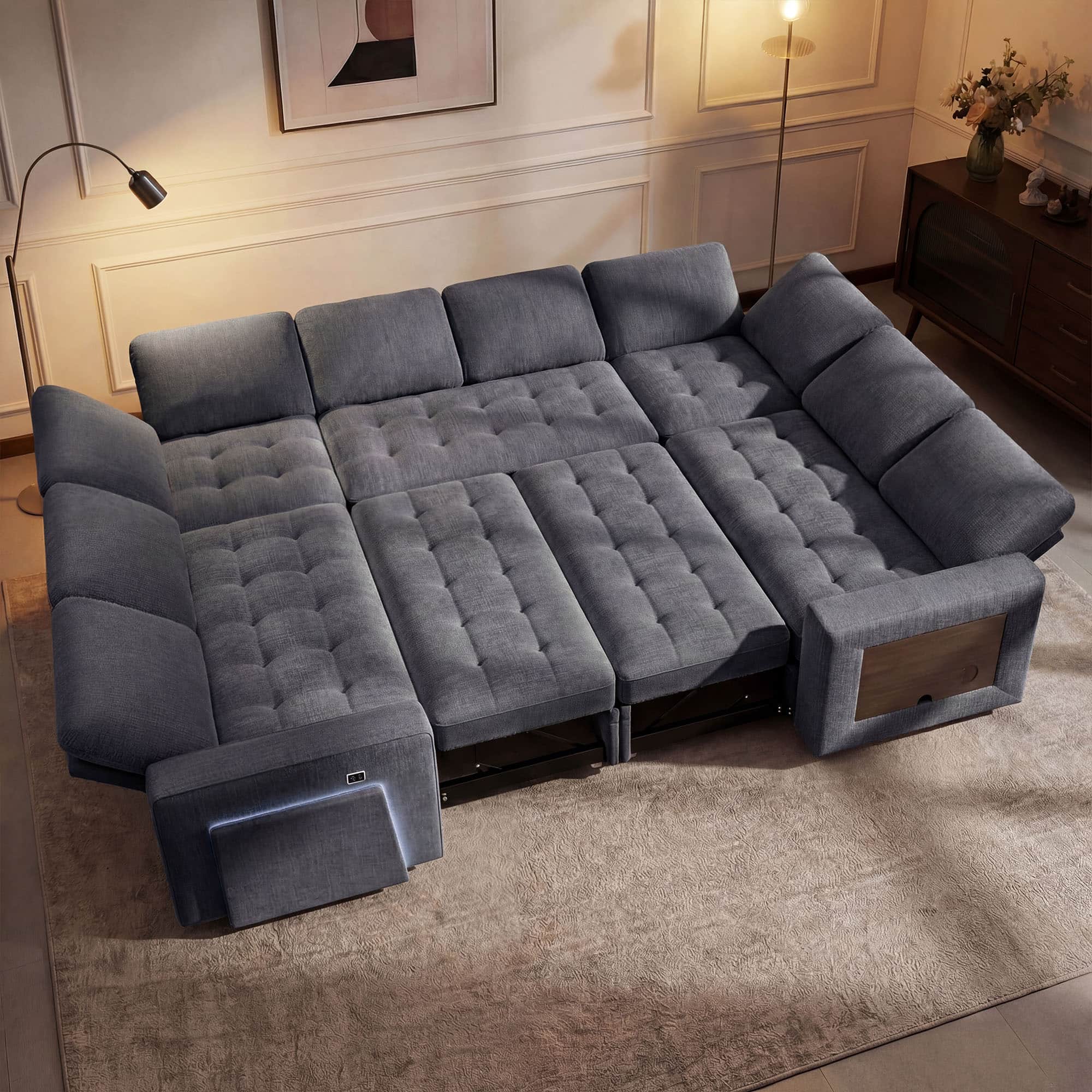 Front. Dyonery - Dyoney Large U Shaped Sectional Couch,with Pull Out Bed/Reclining Backrest/Table/Storage Seat,Tool-Free Assembly - Grey.